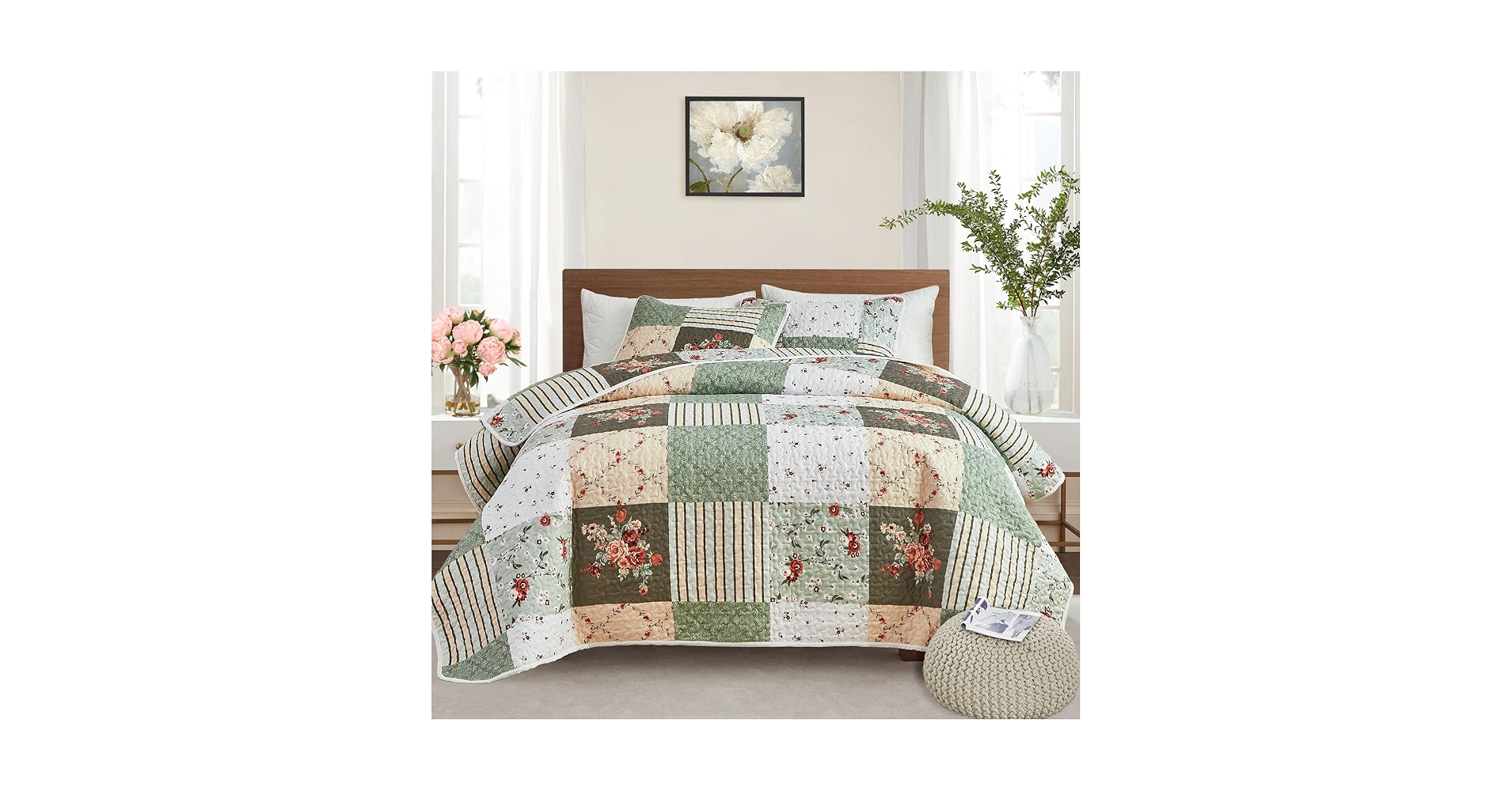 Amazon.com: Patchwork Quilt Set King Size, 3 Pieces Green