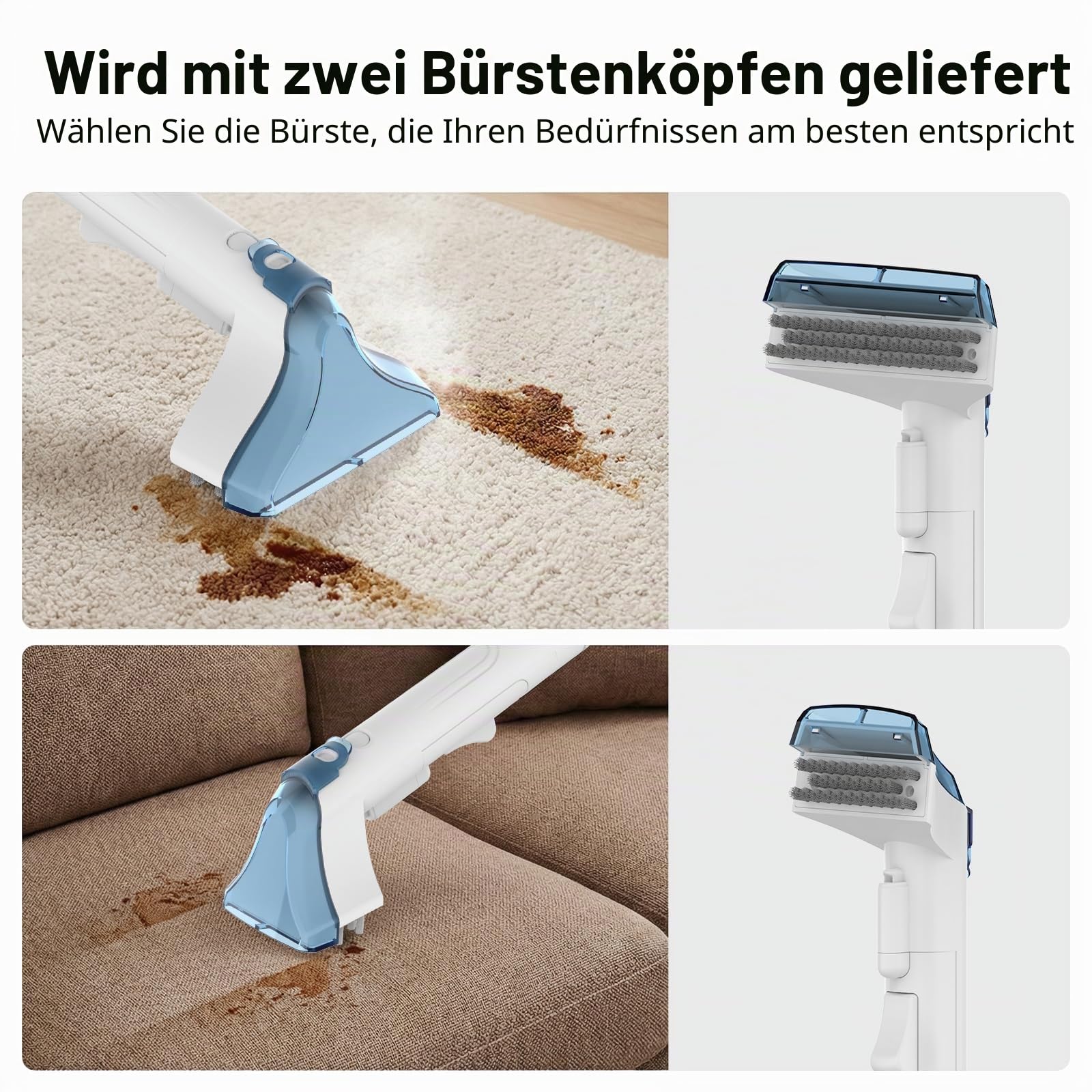 Tragbare Teppich- und Polsterfleckenreiniger-Maschine, 500 W, leistungsstarker Saugfleckenentferner mit zwei Wassertanks, 2 Reinigungsbürsten für Couch, Sofa, Teppich, Matratze, Autositz