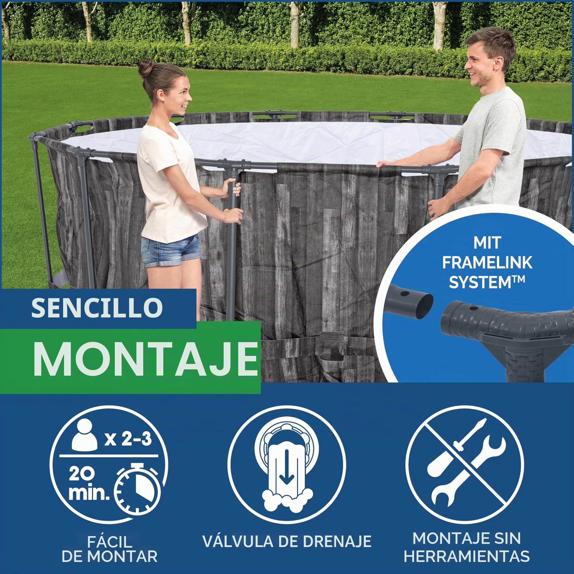 Bestway Steel Pro MAX Frame - Piscina Redonda (366 x 100 cm, Incluye Bomba de Filtro, Efecto Madera)