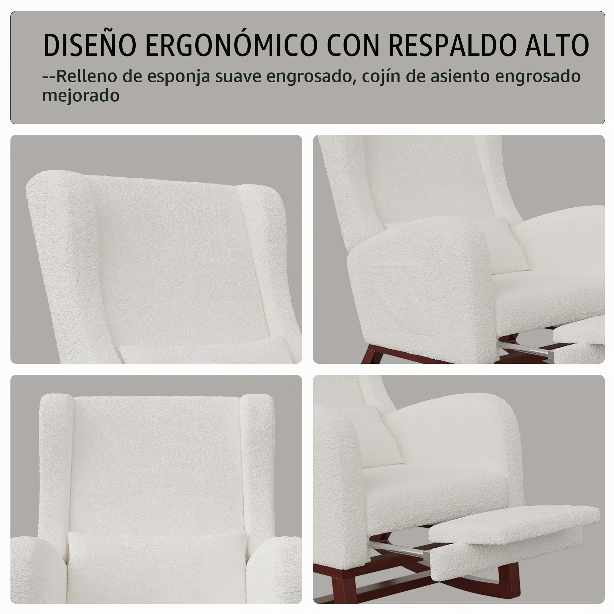 Mecedora, silla de relax con reposapiés y reposacabezas, cómoda silla de lectura de madera, columpio para salón, dormitorio, fácil de montar, lana de oveja, beige y blanco