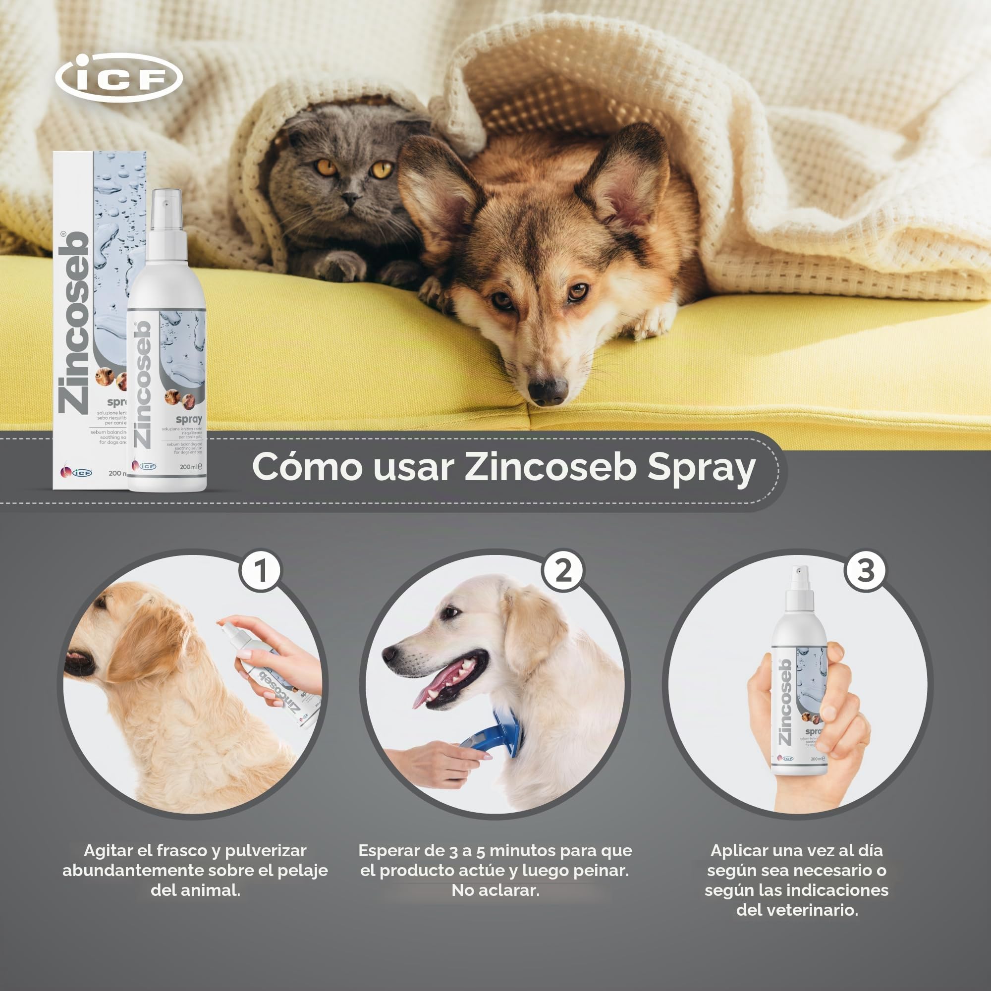 ICF Cif Zincoseb Cão Gato Spray 200 ml artigo para o seu Animal de estimação, Preto, Normal, 200