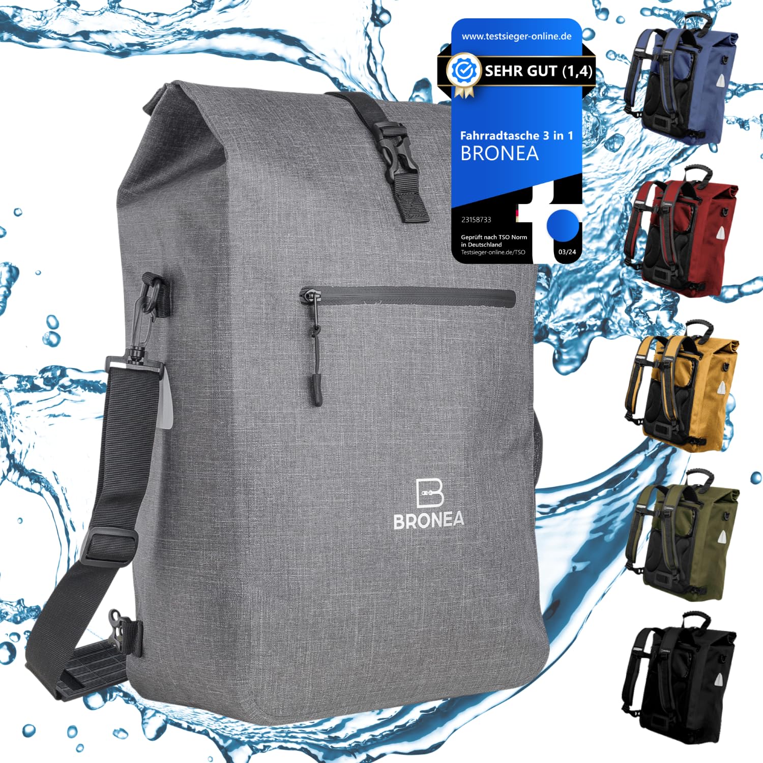 Bronea Fahrradtasche 3-in-1 Wasserdicht - 28L, GREY - Kombi Rucksack & Umhängetasche
