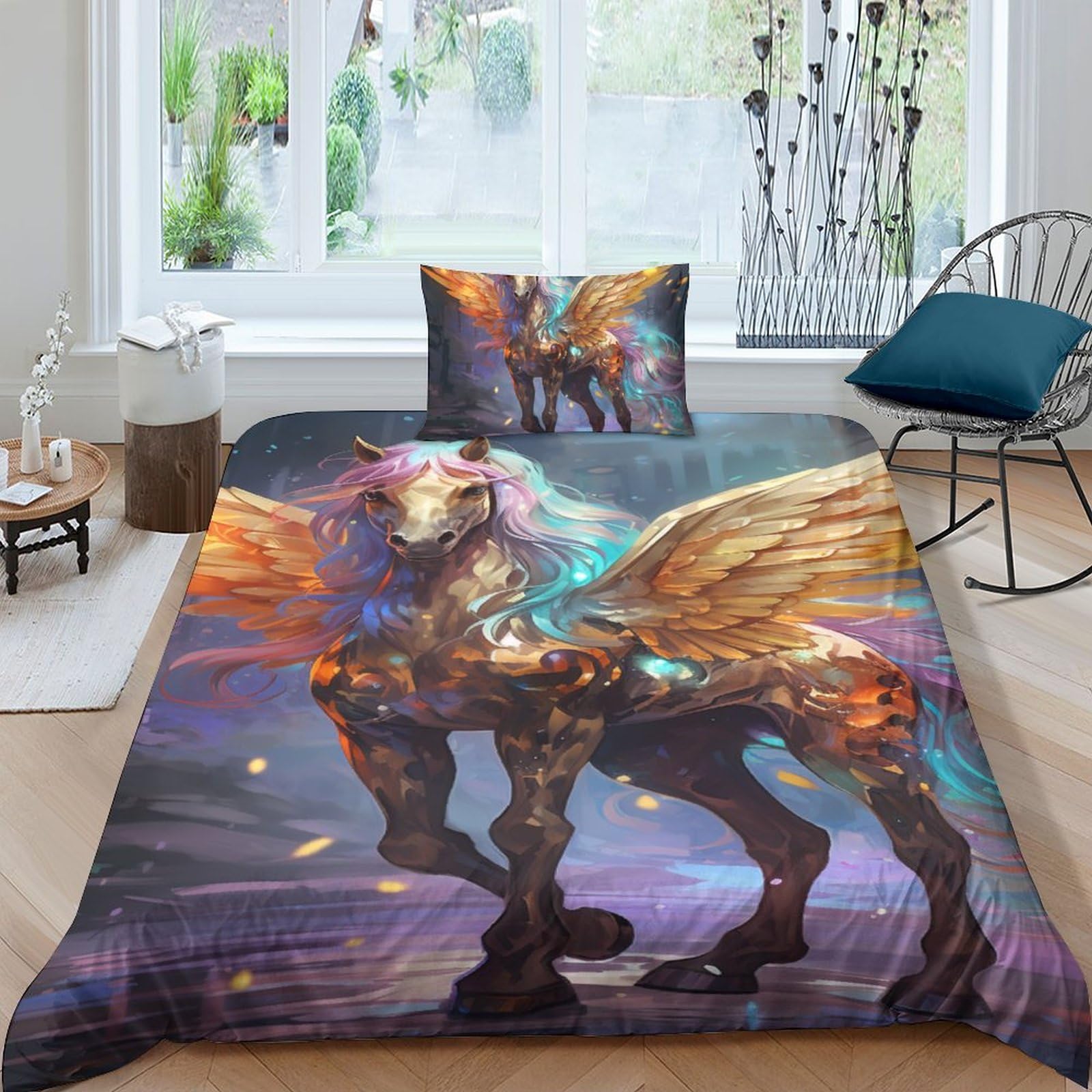 Parure de lit cheval et papillon 3 pièces en microfibre avec housse de couette et taies