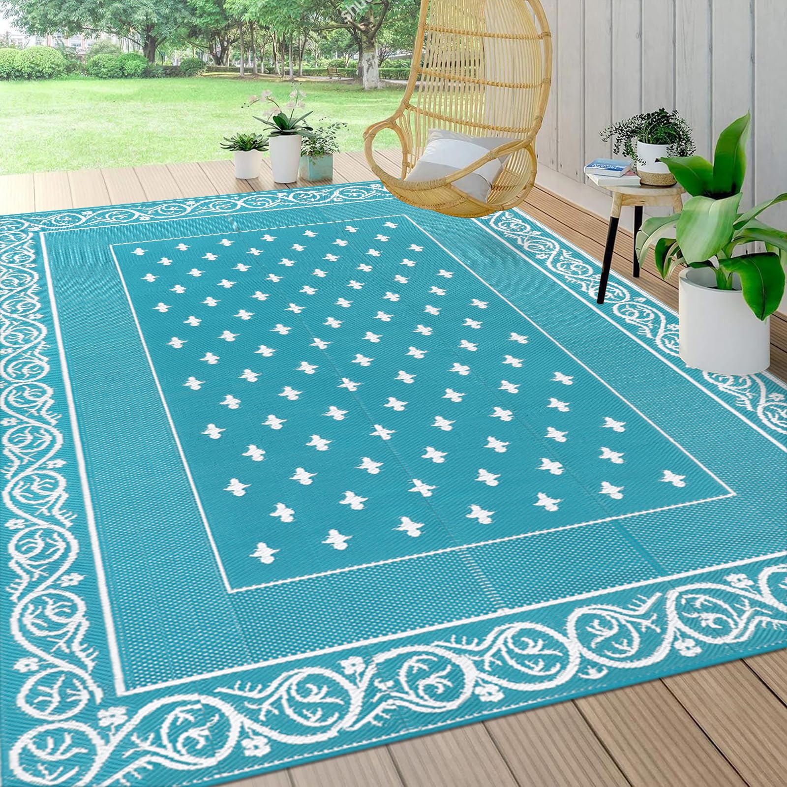 Pauwer Waterproof Outdoor Rug 8x10, Plastic Straw Patio Rug, Bordered Teal