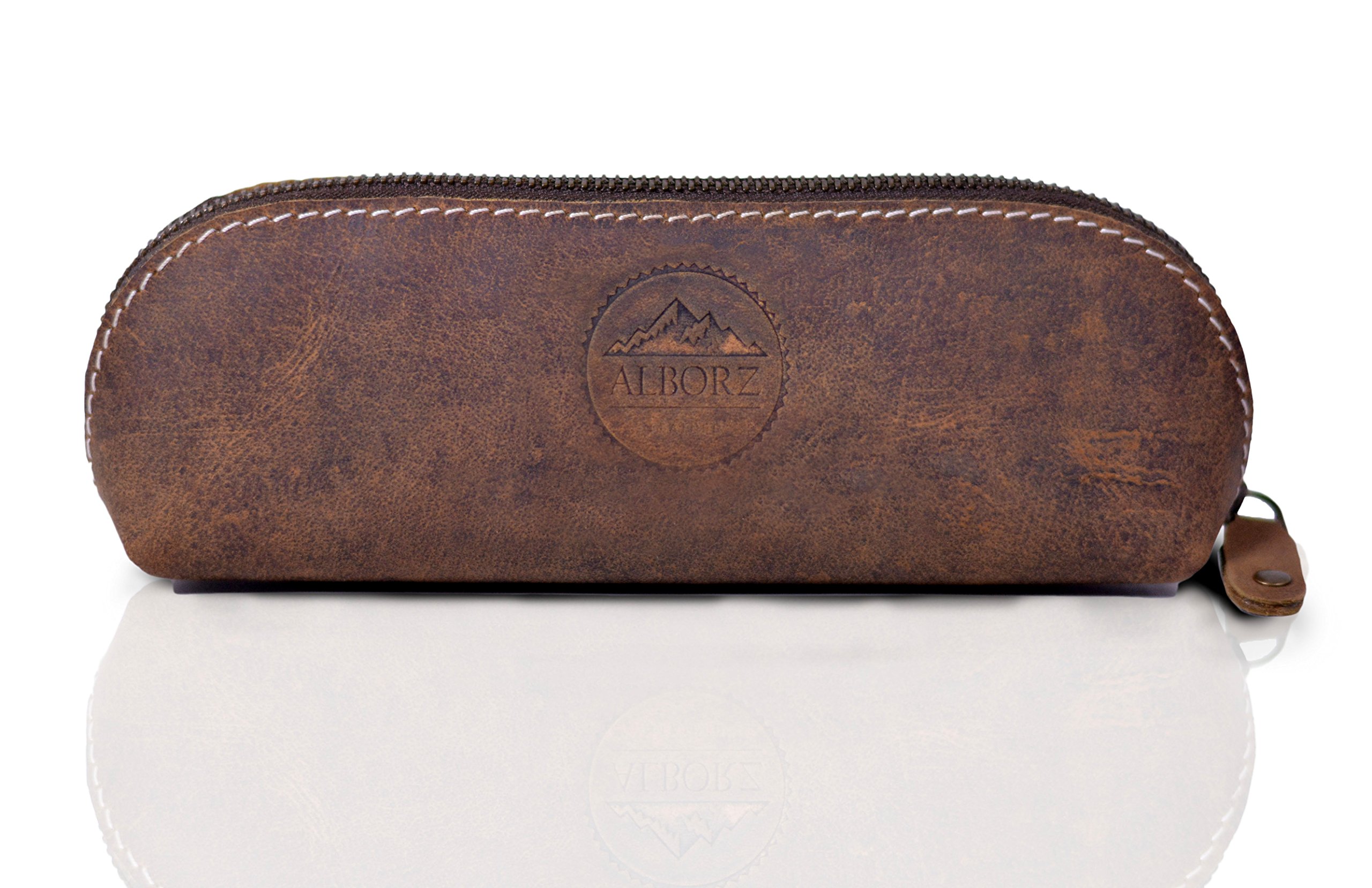 ALBORZ Genuine Brown Real Leather Zippered Pencil Case Pouch for Men, Students & Professionals, for Stationery, Art, Travel (B091KR4R37) Amazon Price History, Amazon Price Tracker