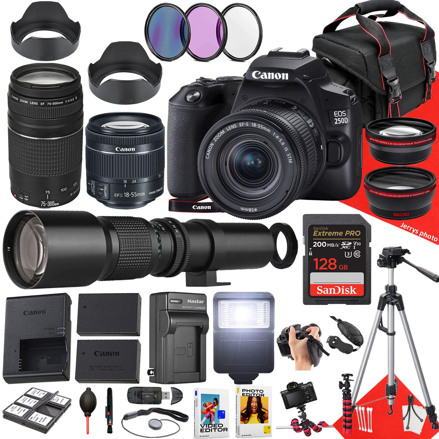 Canon EOS 250D / Rebel SL3 DSLR Camera with EF-S 18-55mm f/4-5.6 is STM, EF 75-300mm f/4-5.6 III and 500mm f/8.0 Preset Telephoto Lens + 128 GB Memory + Filters + More (37pc Bundle) (Renewed)