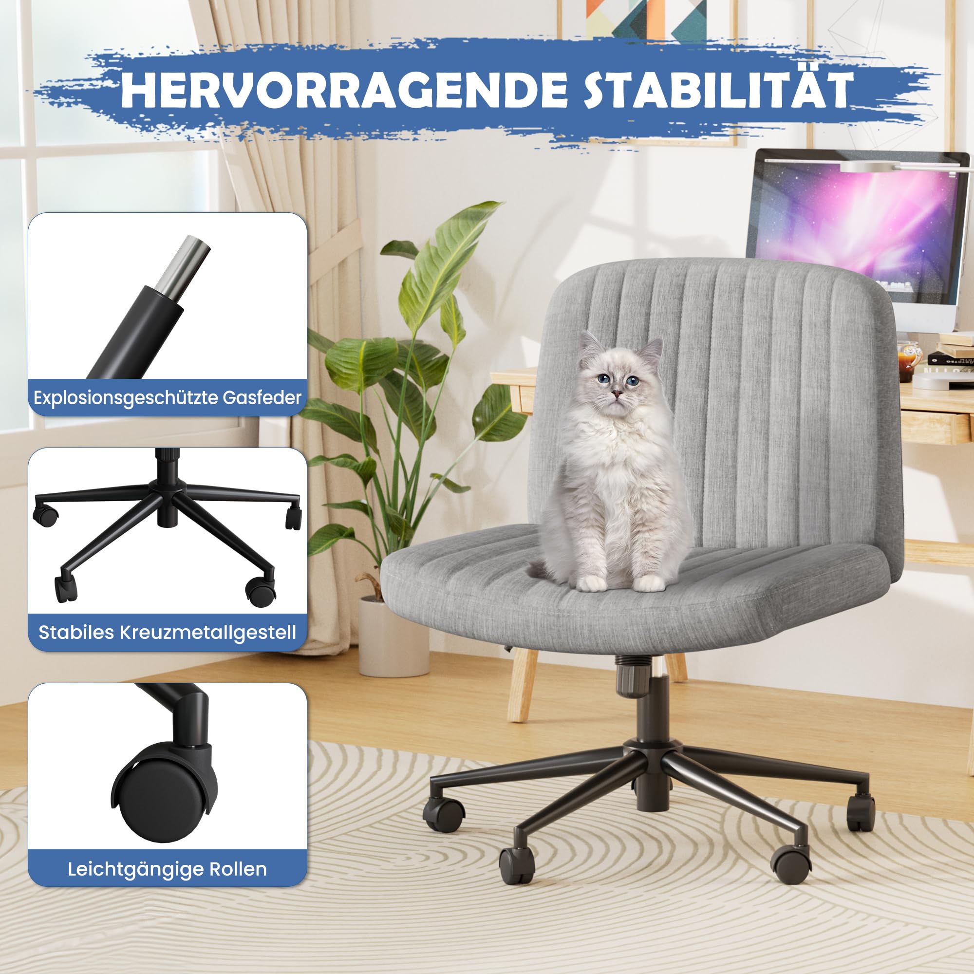 Fiona's magic Bürostuhl ohne Armlehnen, Drehstuhl mit Rollen, Höhenverstellbar Schreibtischstuhl, Lesesessel mit Breiterem für Haus, Wohnzimmer, Schminktisch, Grau
