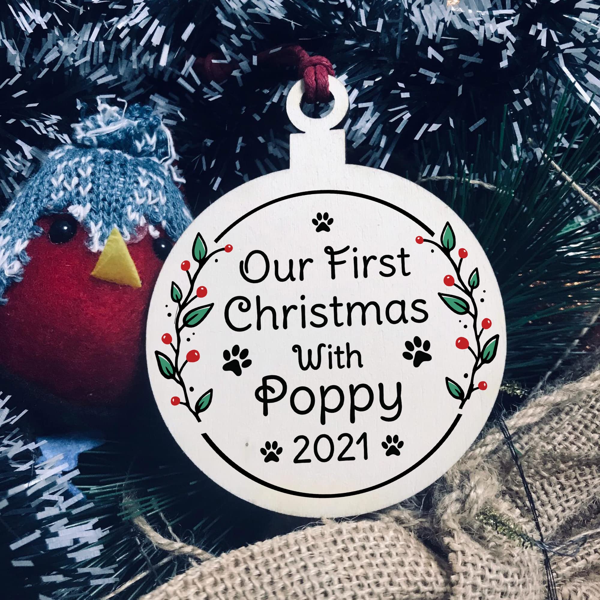 Red Ocean Red 1St Christmas With Dog Puppy Personalised Wood Hanging Bauble Xmas