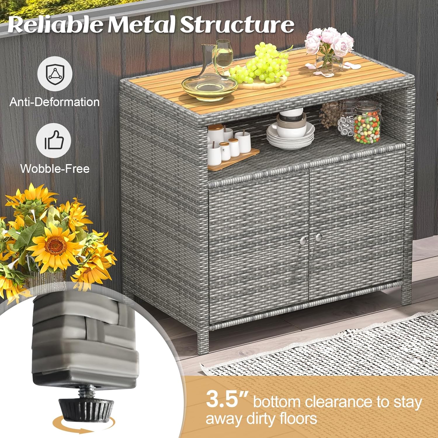 Close-up of adjustable foot pads and metal structure of the RELAX4LIFE Wicker Outdoor Bar Cabinet