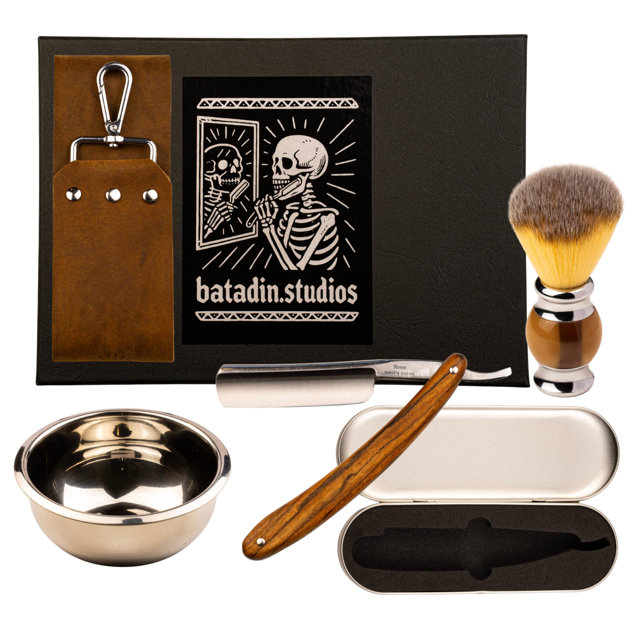Rasiermesser Set für Herren – Klassisches Rasiermesser mit fester Klinge inkl. Pinsel, Abziehriemen & Schale – Nassrasur Set für Einsteiger & Fortgeschrittene (Braun (Echtholz))