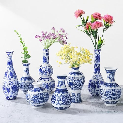 Juego de 8 jarrones chinoiserie de porcelana azul y blanca, pequeños jarrones de cerámica vintage, florero decorativo azul floral para decoración de
