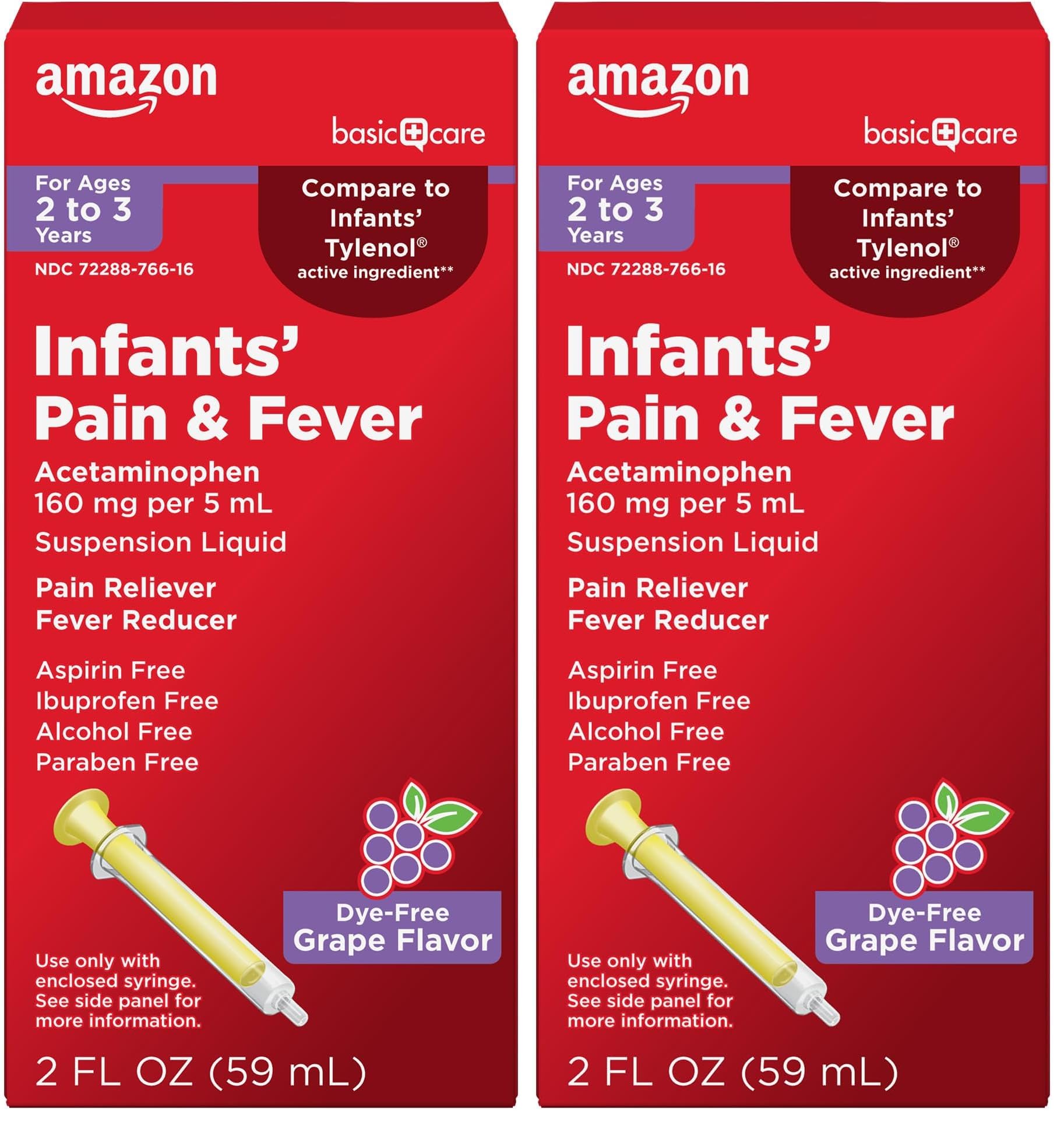 Amazon Basic Care Infants' Pain &amp; Fever,Acetaminophen 160 mg per 5 mL,Suspension Liquid,Dye-Free Grape Flavor,2 fl oz,(Pack of 2)