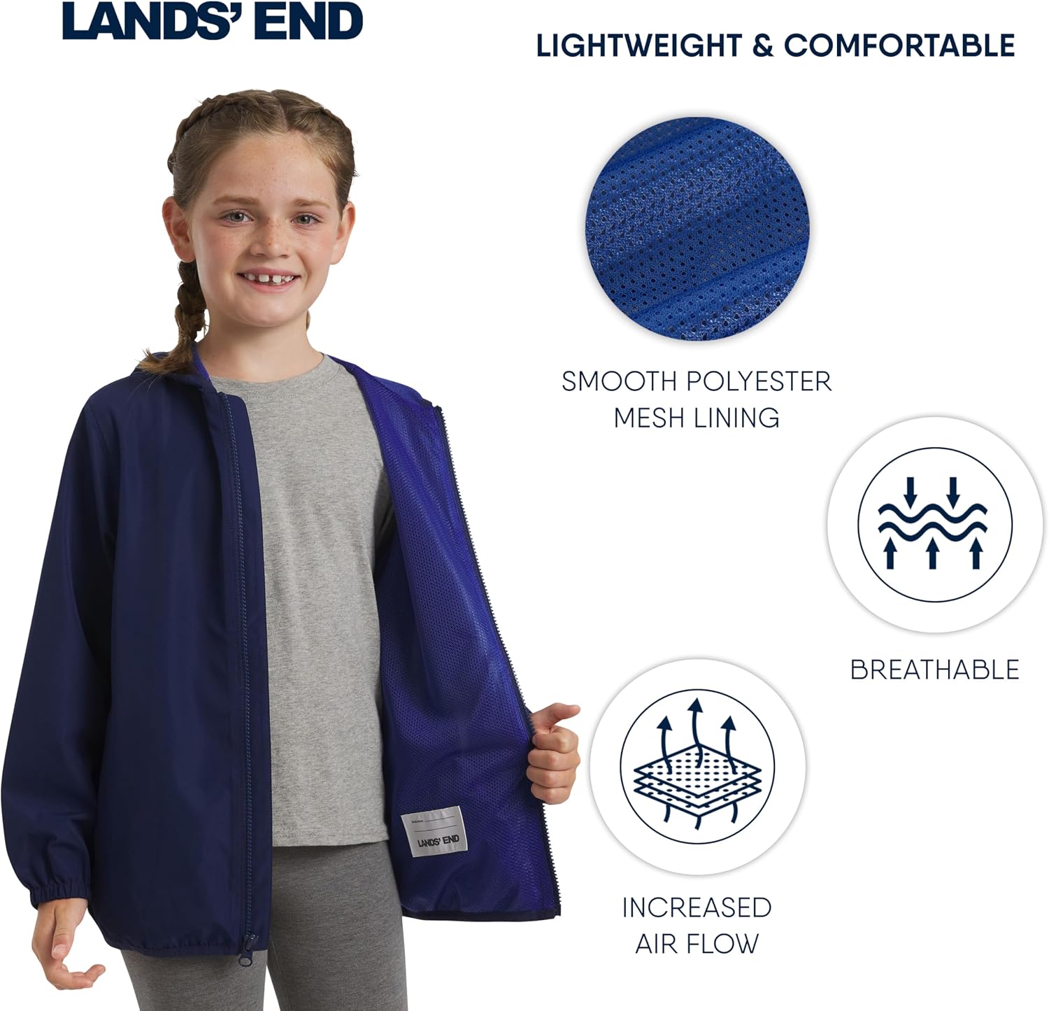 Lands' End Unisex Kids Lightweight Mesh Lined Weather Resistant Packable Rain Jacket