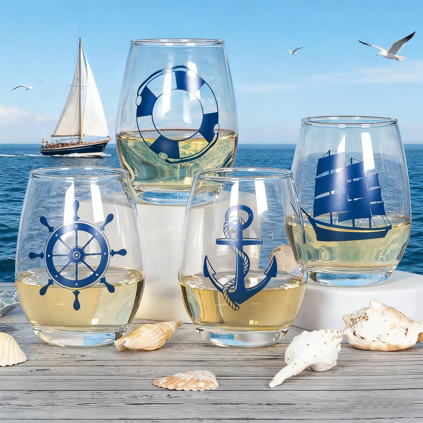 Amazon | 航海ステムレスワイングラス4個セット、船乗りへの航海ギフト