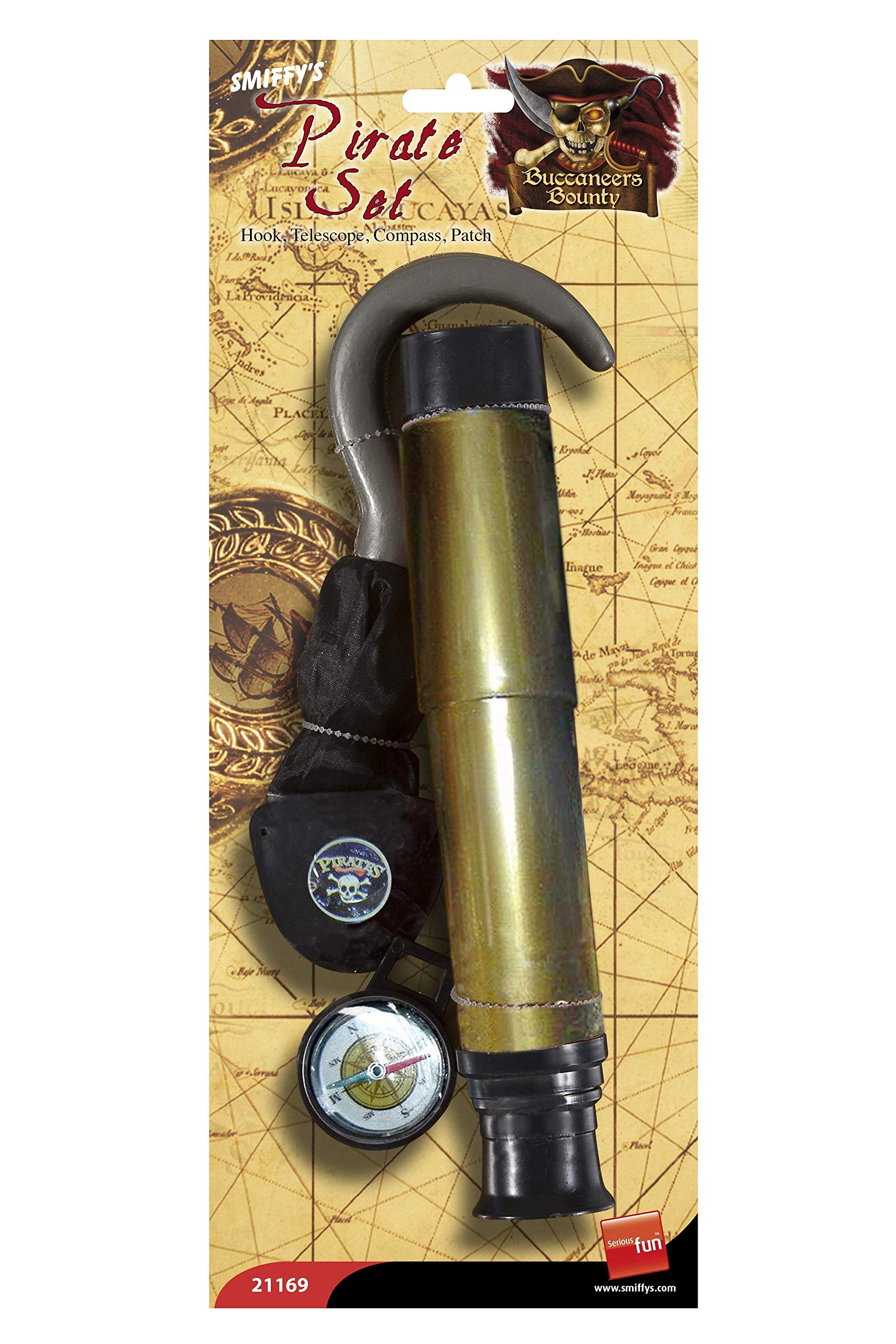 Smiffys Pirate Set with Hook Telescope Compass and Eyepatch