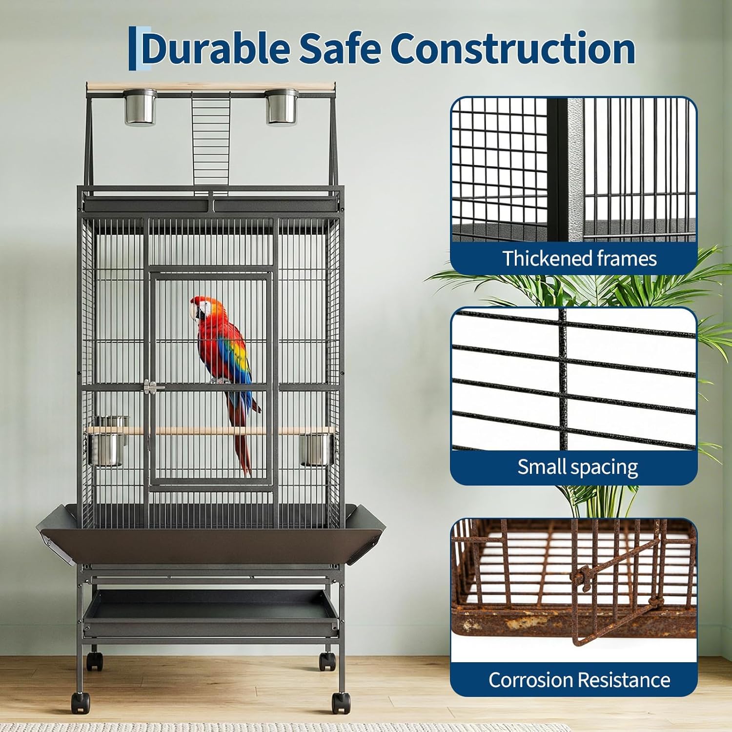 Grand cage à oiseaux 173cm avec Espace de jeu supérieur et roulettes – Volière Pour perroquets, perruches, calopsittes, Conures, inséparables – Support inclus – Idéale Pour oiseaux domestiques –