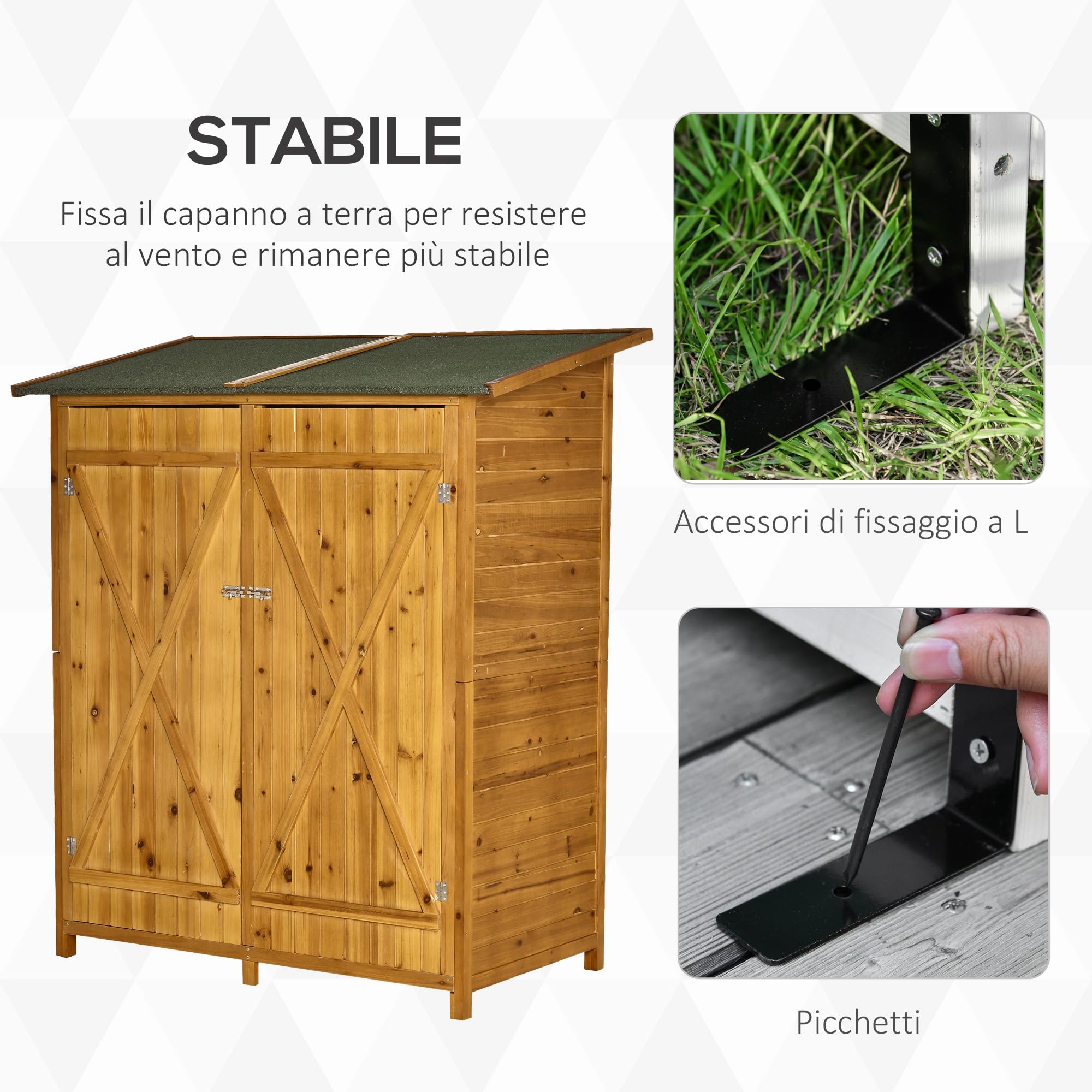 Outsunny Casetta Porta Attrezzi in Legno di Abete, Capanno da Giardino a 2 Ante con Sgabello Alto a 2 Ripiani e Tetto Idrorepellente, 140x75x157 cm