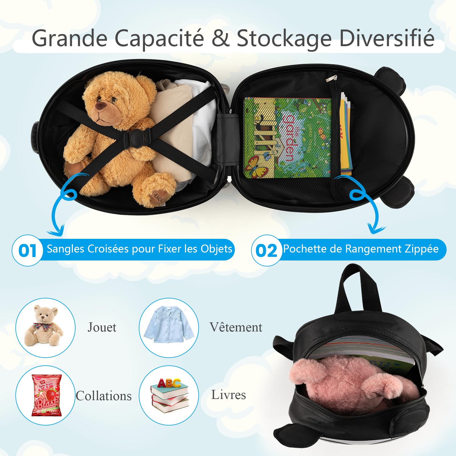 SOARS Valise Enfant 16" + Sac à Dos 12", Valise Cabine Enfant à roulettes avec Poignée Télescopique à 3 Niveaux, Matériau Robuste Léger de 1,5 KG, Valise Enfant Fille &Garçon 3+ Ans, Panda