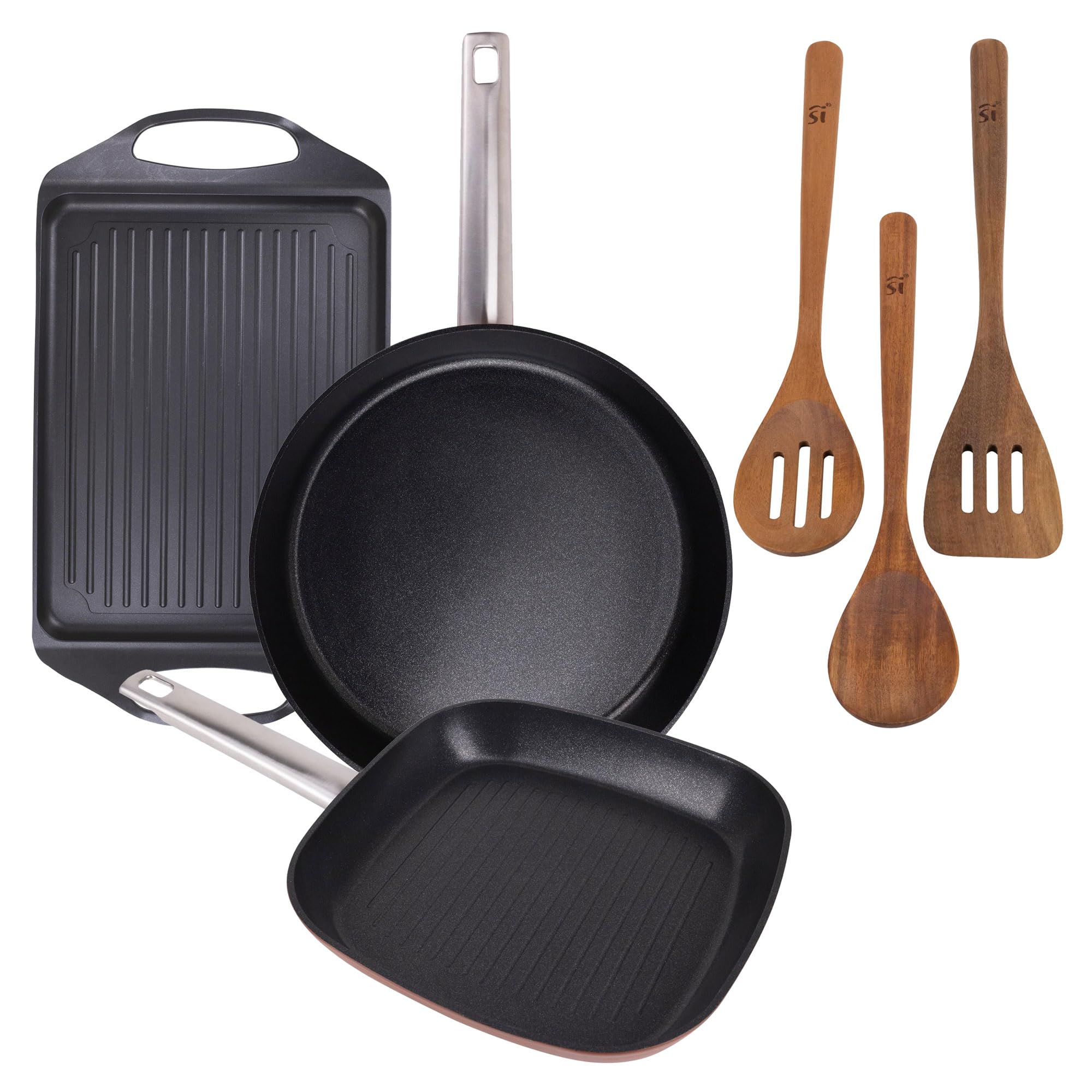 San Ignacio AGROS Pack cocina 4 Pzs - Plancha asador 34x26cm, Sartén Ø30cm, Grill cuadrado 24cm y Set 3 Utensilios de madera de acacia