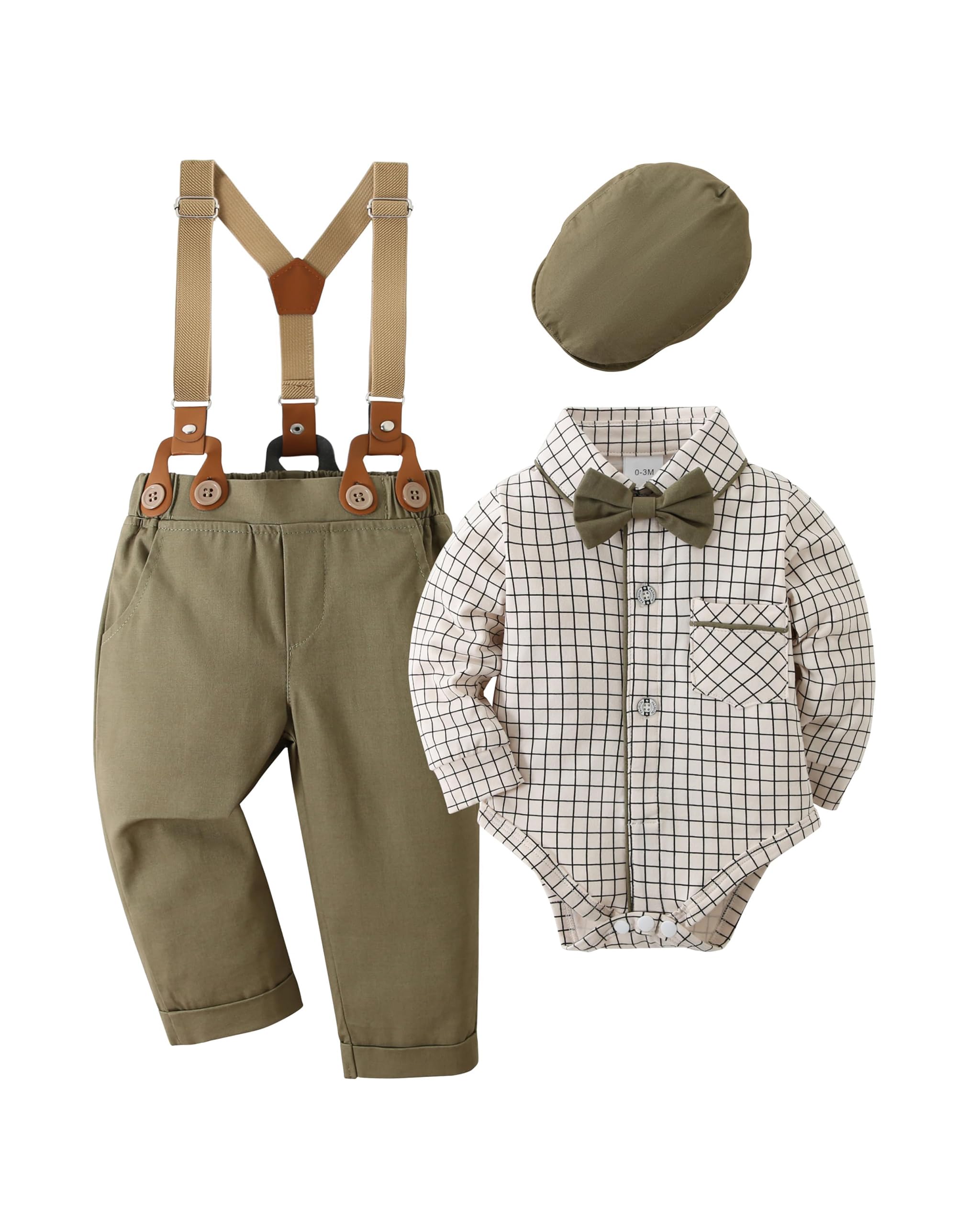 nilikastta Baby Boy Wedding Outfits Infant Baby Boy Clothes Suit Dress Shirts/Suspender Pants/Bowtie/Beret Hat 0-18M