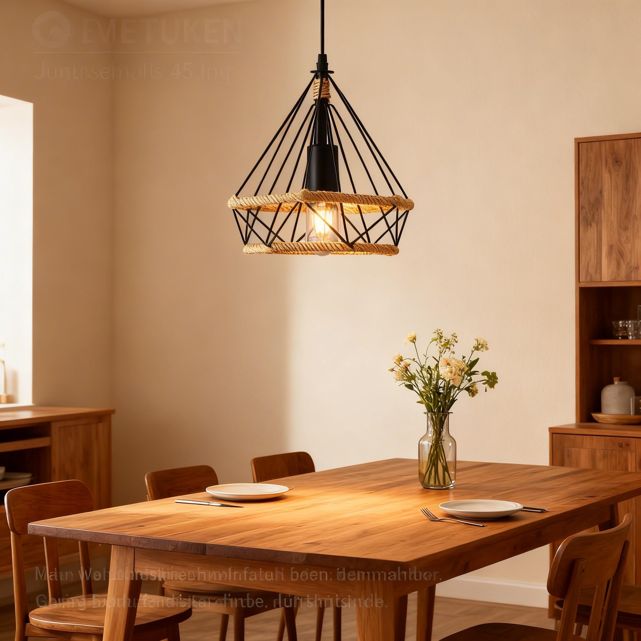 MAXDUYU Lámpara Colgante Vintage,cuerda de cáñamo Retro Lámpara de Techo Colgante industrial,Lámpara de suspensión de jaula de hierro en forma de diamante Luces de techo,25 cm
