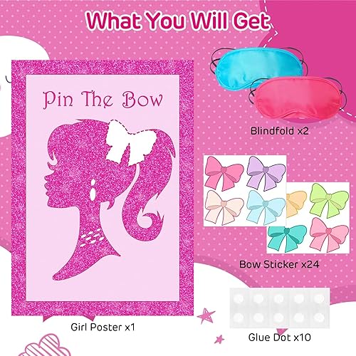 Miniatura 4 de FZR Legend Decoración de suministros de fiesta de niña rosa, linda princesa con lazo en la cabeza, póster grande con 24 calcomanías de lazo para