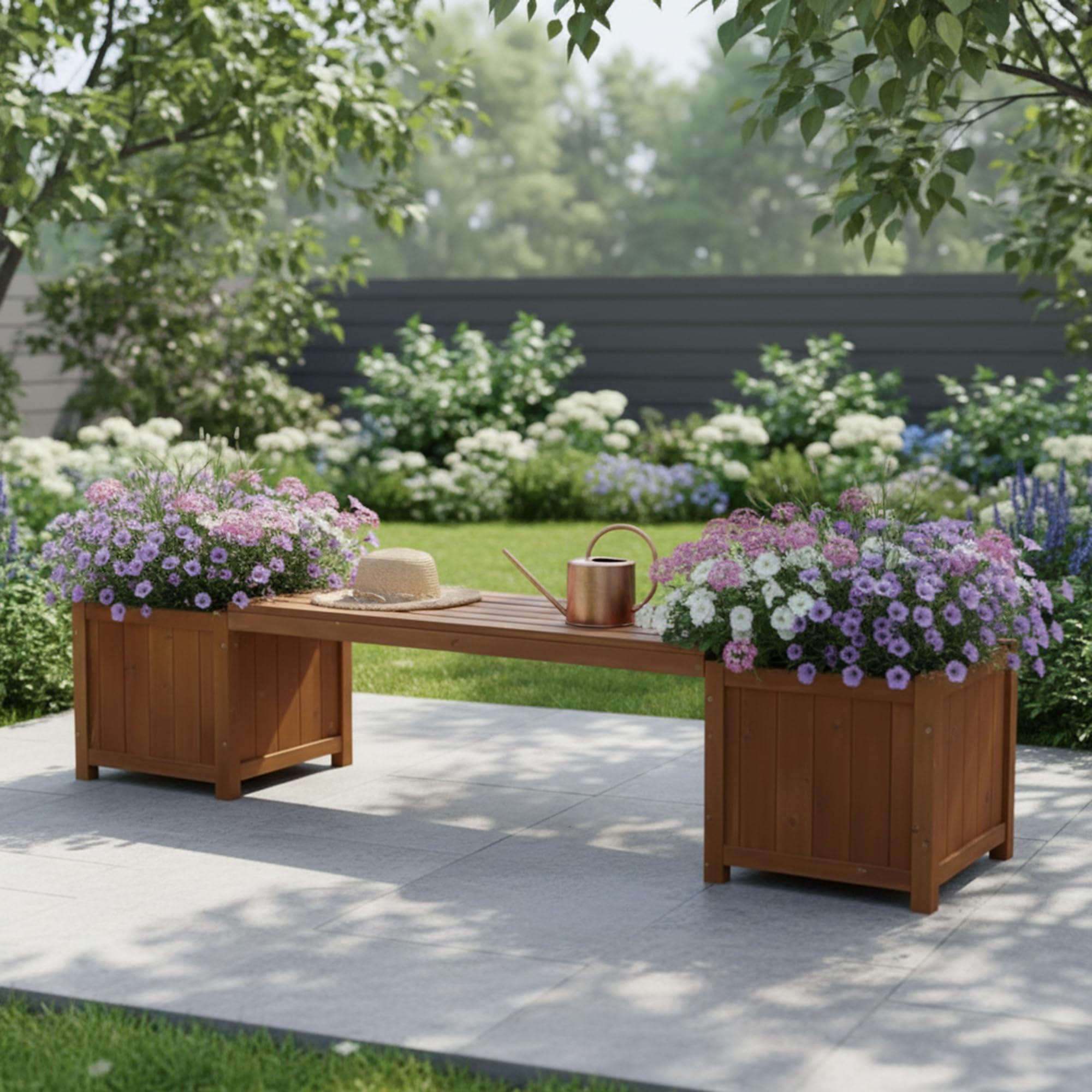 Mucola Gartenbank mit Pflanzkasten 2-Sitzer 180x40x40 cm Holz imprägniert | Sitzbank mit 2 integrierten Blumenkästen, Terrasse, Balkon, Outdoor, warme Maserung, schnelle Montage ohne Spezialwerkzeug