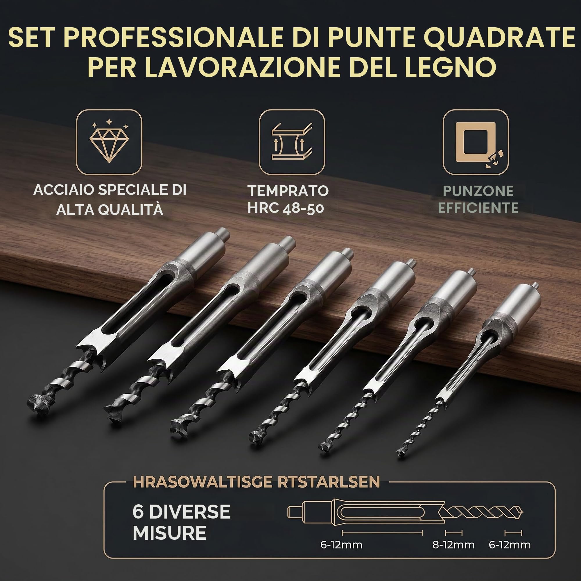 Set di 6 Punte per Mortasatrice in Acciaio, 6.4-16 mm