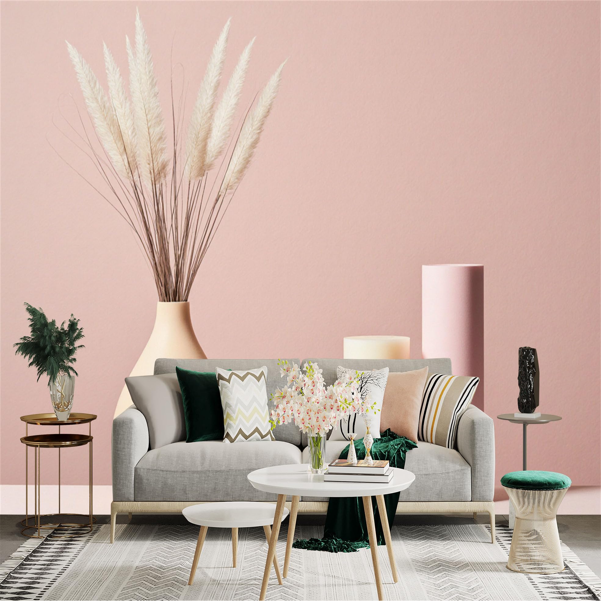 Custom Size Wall Sticker Mural， Minimalist Beige Vase with Dried Plumes， Soft Pastel Cylindrical Pedestals， Modern Abstract Still Life Art， for wall Decoration， peelandstick wall Decals.