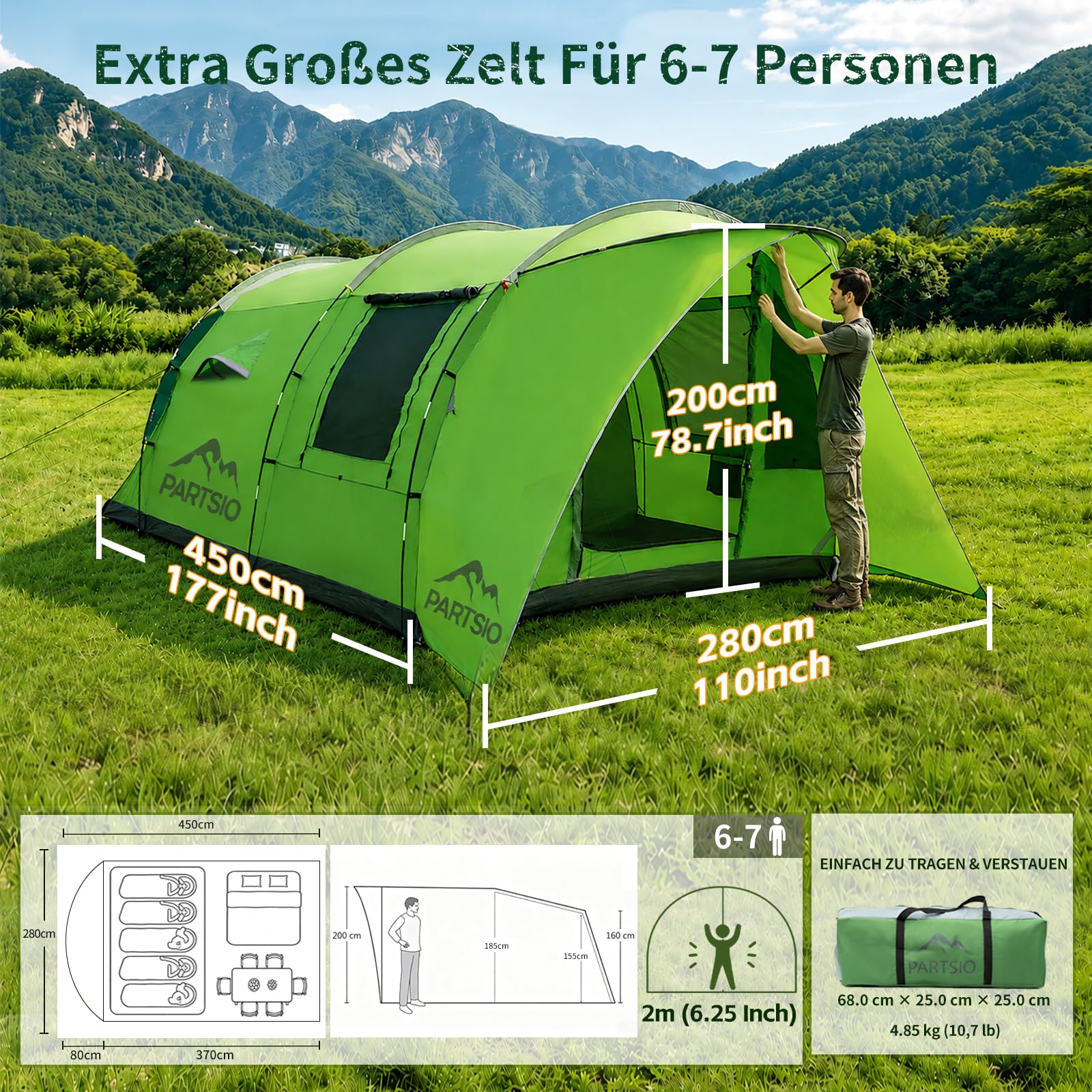 Zelt 6-7 Personen, 4000 mm Wassersäule & eingenähte Bodenwanne, Stehhöhe, Eingang mit Fliegengitter, Sonnendach & Privatsphäre-Trennvorhang, XXL Familienzelt Tunnelzelt für Camping Reisen Festival