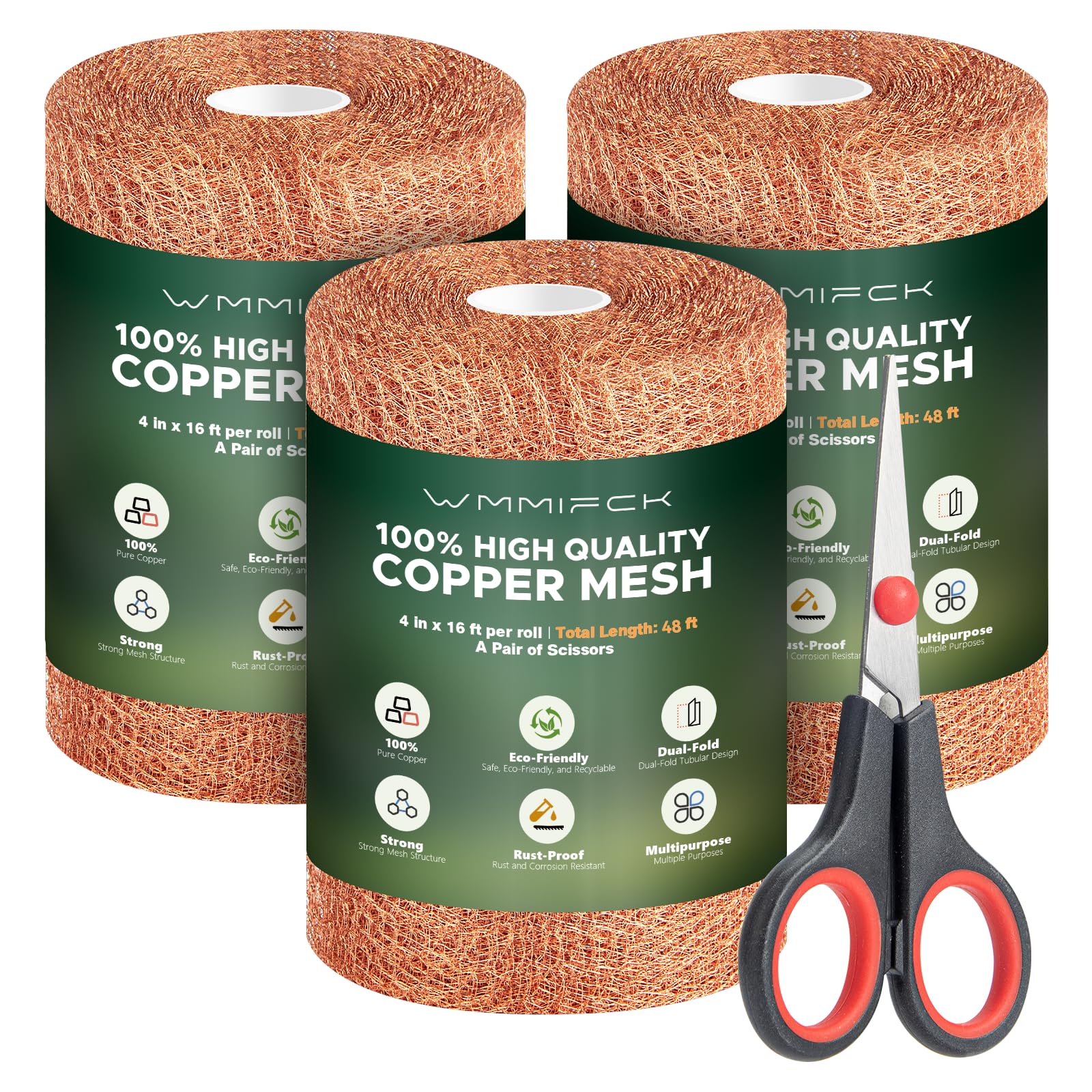 3rd Gen Copper Mesh Rodent Control Kit, 100% Pure Copper Wool for Slugs Snail Pest Bird Mice Rat Control, 3 Rolls Mesh Roll Wrap Wire with Scissors
