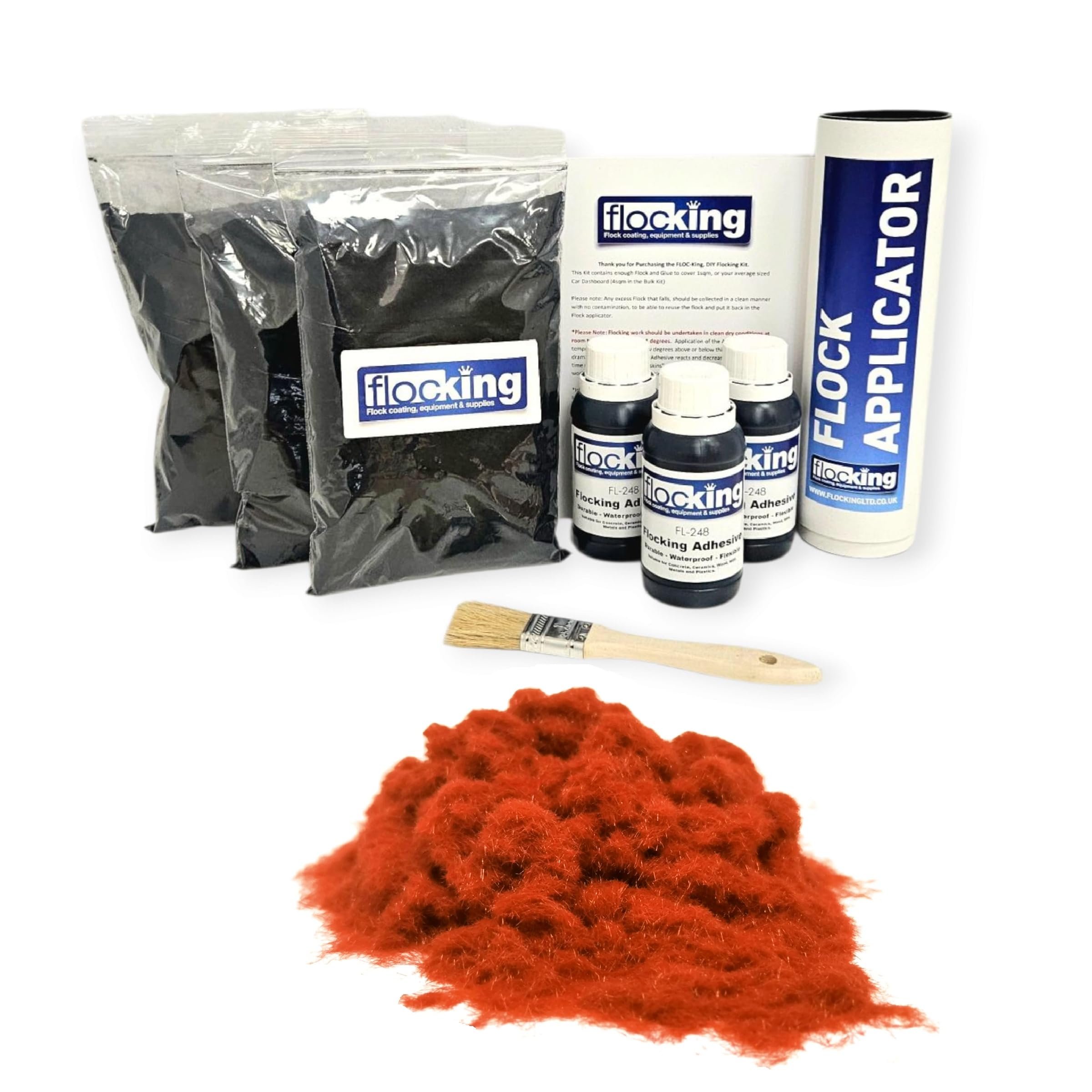 FLOC-KING Triple Flocking Kit for Car Dashboards & Interiors - Professional DIY Flock Application Set - Includes 3sqm Nylon Fibres, Adhesive & Applicator (Burnt Orange)