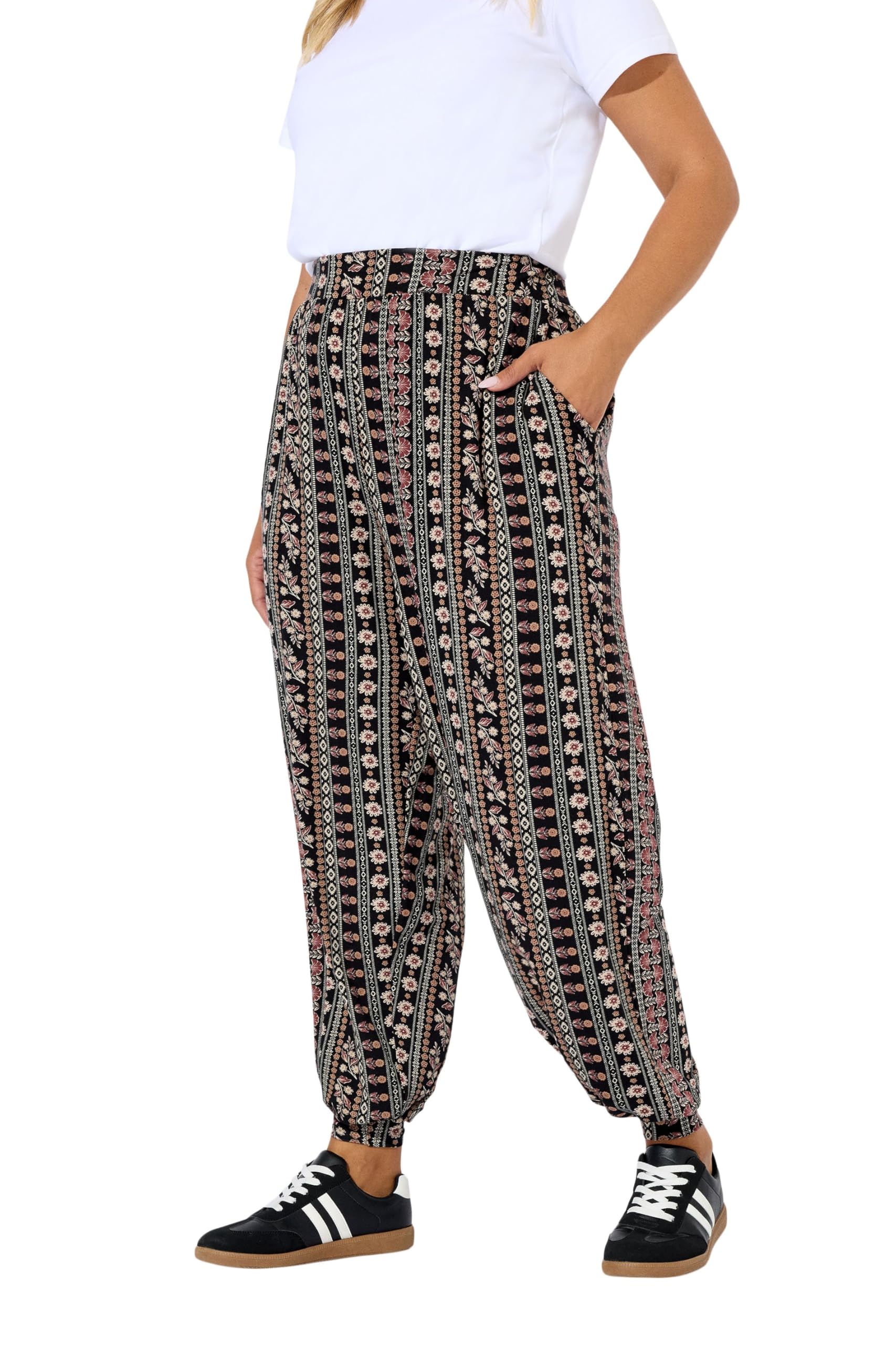Yours Curve Floral Paisley Cuffed Balloon Trousers - Women's - Plus Size Curve Black