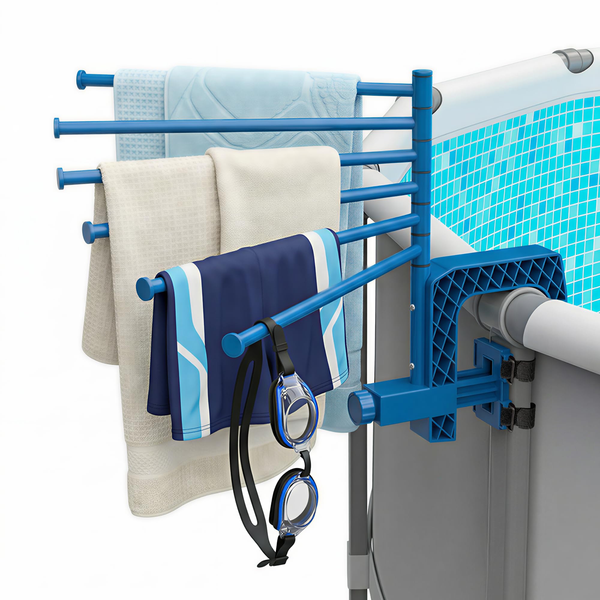Photo 1 of Aquajoyer Poolside Pool Towel Rack Outdoor for Above Ground Round Pools, Stainless Steel Swivel Pool Towel Holder 6 Bars Towel Dying Rack Towel Stand for Above Ground Pool Accessories [Patent Pending]