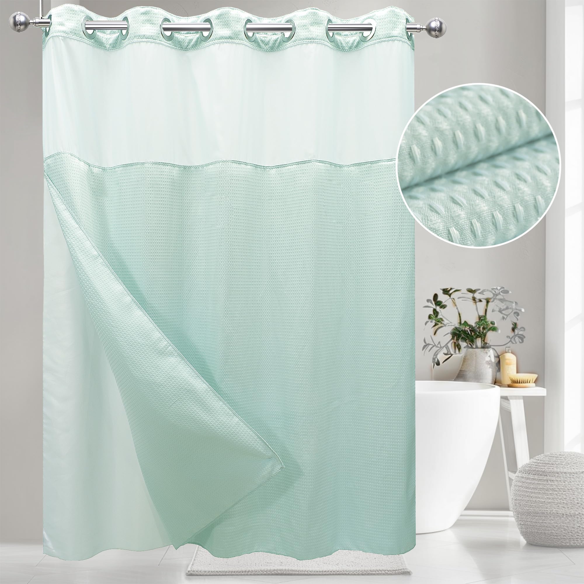No Hook Waffle Weave Shower Curtain with Snap-in Fabric Liner Set, Hotel Style with See Through Top Window, 230GSM Heavy Duty Fabric, Waterproof & Washable for Bathroom, 71W x 74H, Light Blue