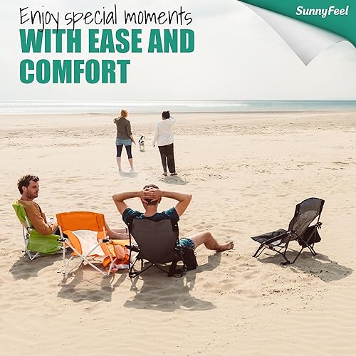 Miniatura 5 de SUNNYFEEL Silla de playa plegable baja para adultos, sillas de camping de playa portátil y ligera con soporte para tazas, reposabrazos, silla de