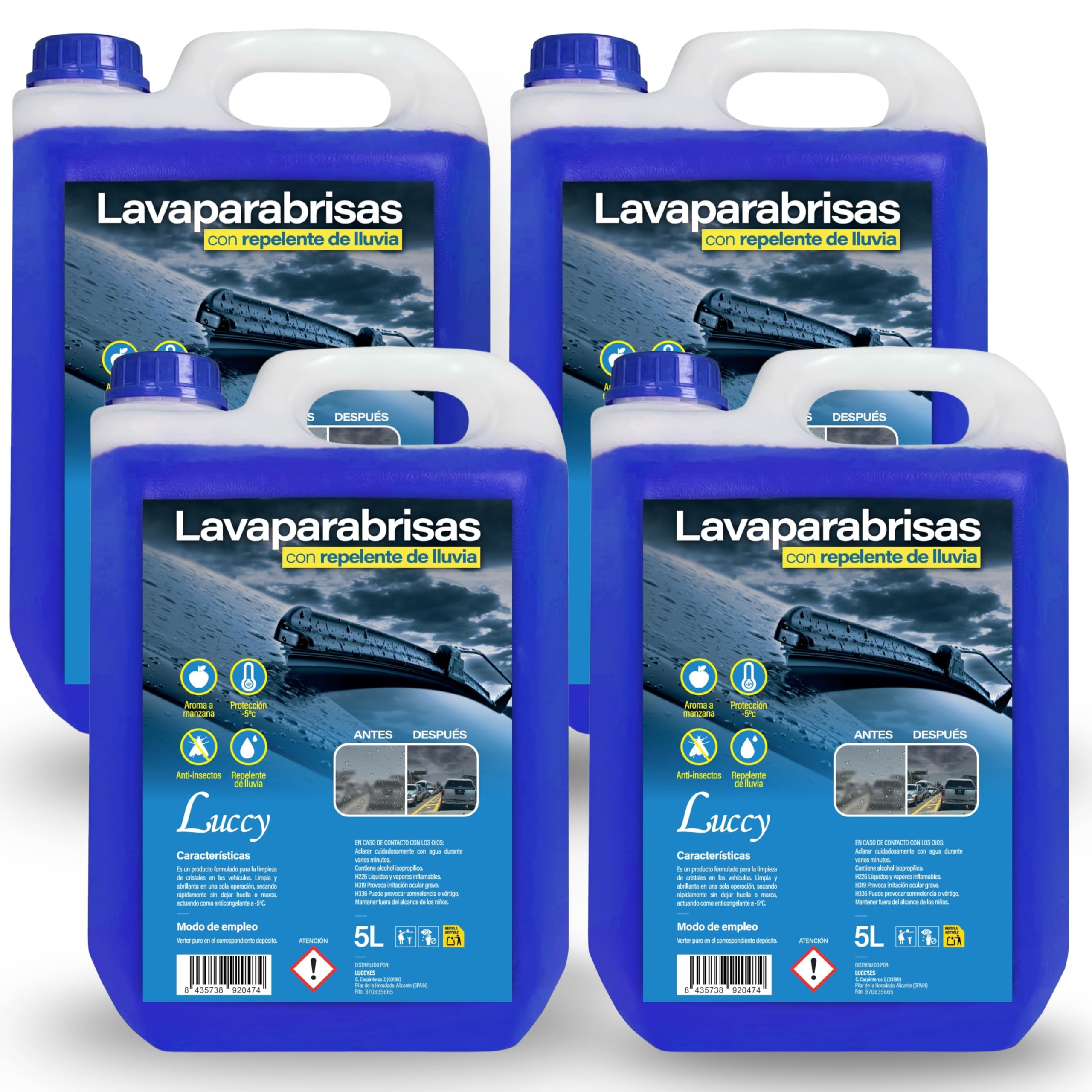 LUCCY Liquide Lave Glace Voiture Hydrophobique Protection -5ºC | 20 Litres | Lave Glace Anti-Pluie Liquide de Refroidissement