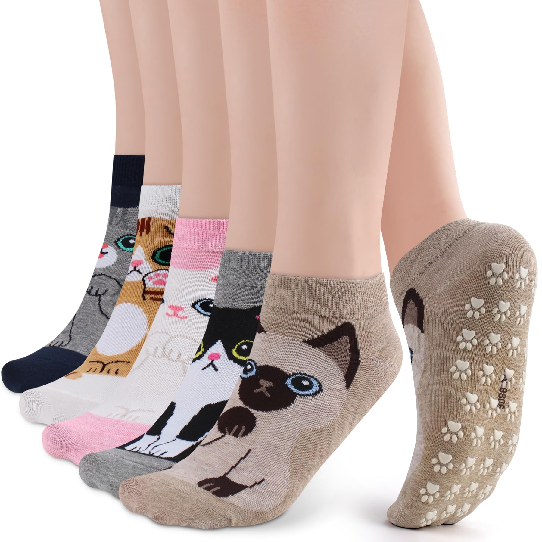 Non Slip Grippy Socks for Women Girls 5 Pack Cute Cat Grip Socks Pilates Slippers Footies for Yoga Barre Hospital
