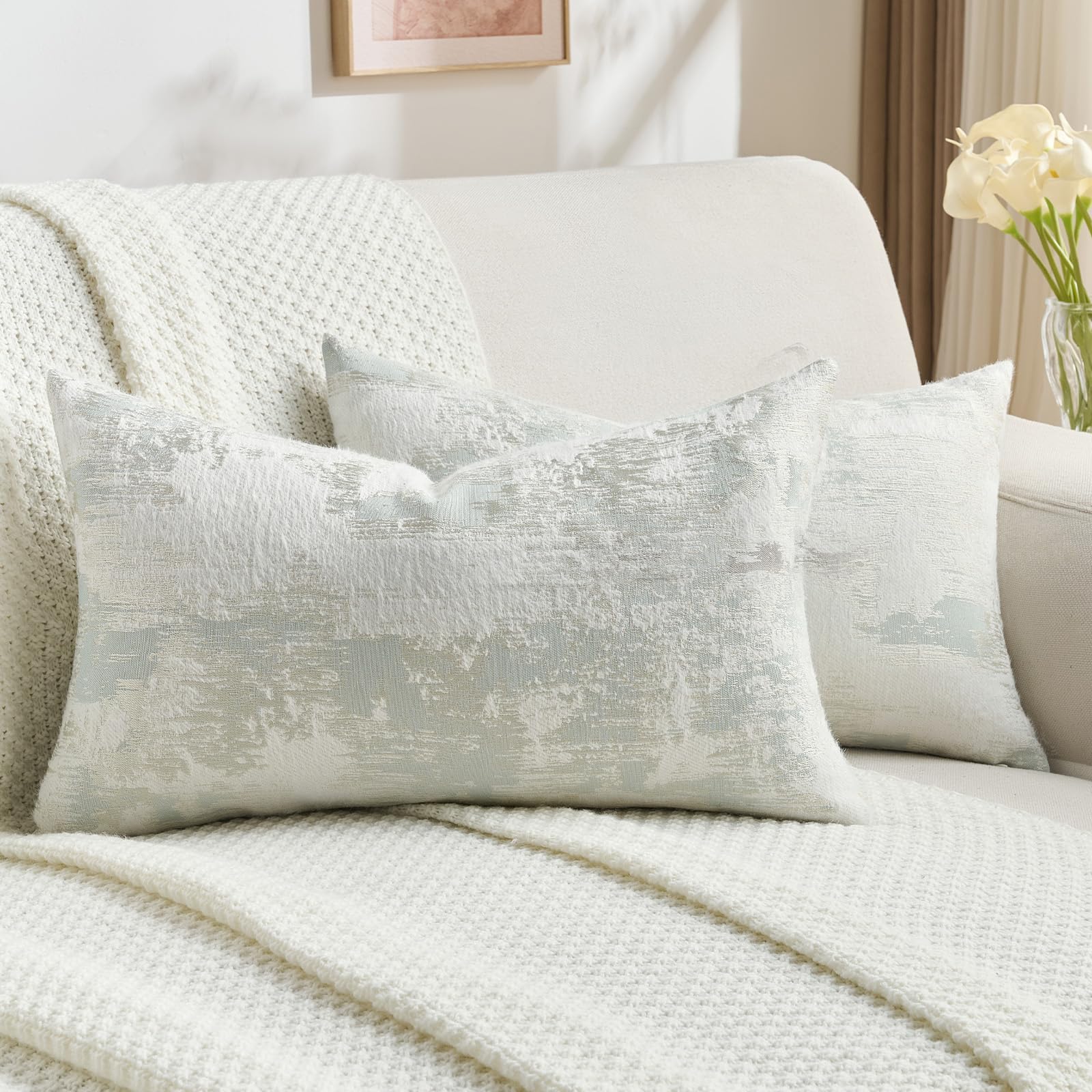 FUTEI Set of 2 Faux Cashmere Jacquard 30x50 cm Cushion Covers Soft Marble Pattern Scatter Pillowcase 30 x 50 cm Farmhouse Accent for Sofa Bedroom Living Room, Light Blue White