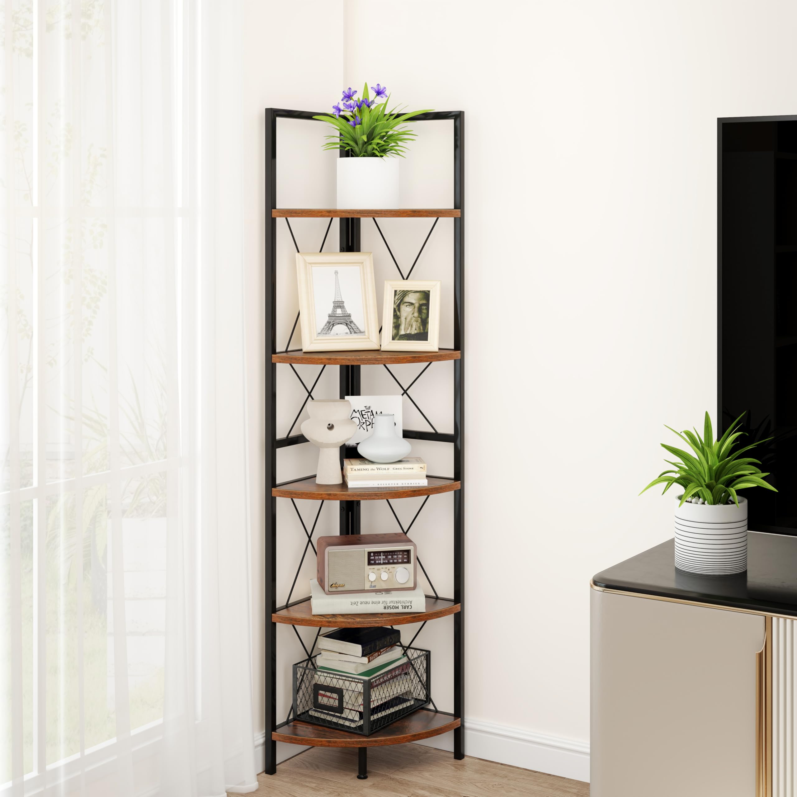 GIANTEX Mensola Angolare a 5 Ripiani, Scaffale Industriale con Struttura, Unità di Stoccaggio Multiuso per Soggiorno, Camera da Letto e Cucina, Marrone/Grigio (Marrone)