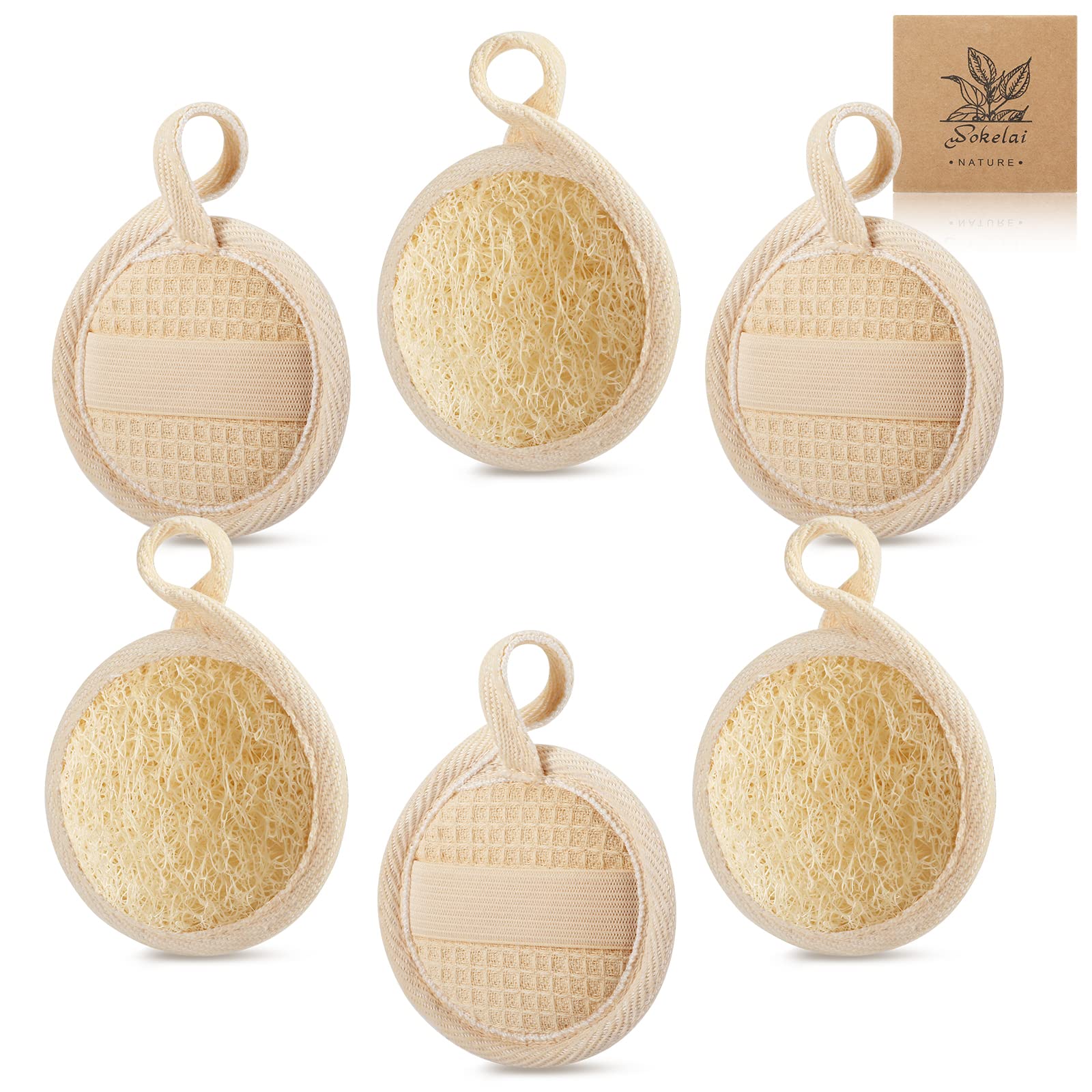 wokelaiExfoliating Loofah Sponge Pads Face loofa Brush 6 Pack 3.15 inches Made of 100% Natural Luffa body and Facial Scrub Pad Personal Care Close Skin for Men and Women for Bath Spa and Shower