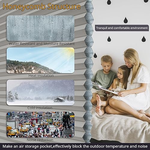 Miniatura 5 de Persianas celulares opacas sin herramientas, sin taladro, con adhesivo recortable, retráctil, ajustable, panel deslizante, persianas de panal con