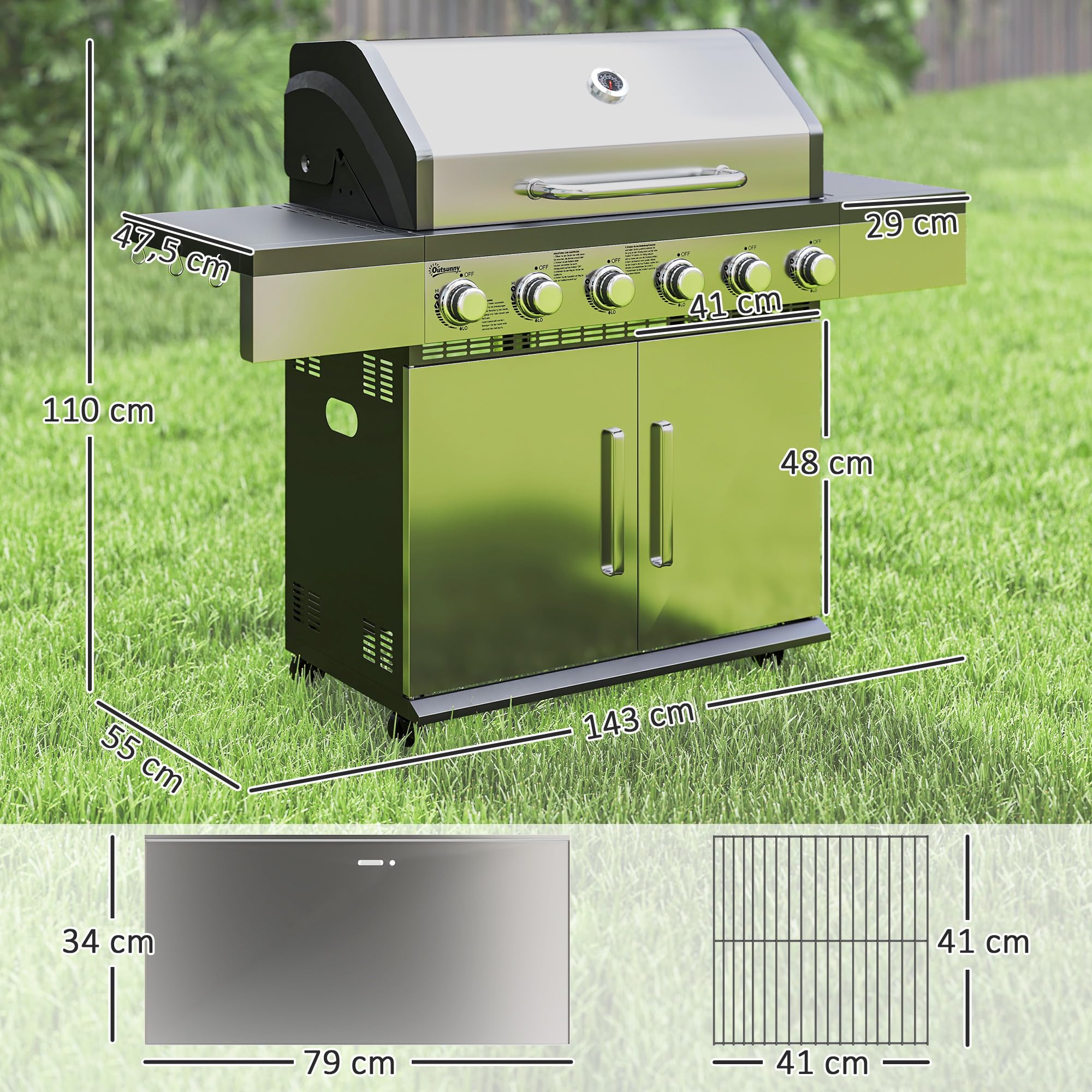 Outsunny Gasgrill 8500BTU BBQ Gartengrill inkl 6 Edelstahl-Brenner Rolle Druckminderer Thermometer, Grillwagen mit Gasschlauch Seitenablagen Deckel, für Camping-Grill Balkon, 143 x 55 x 110 cm