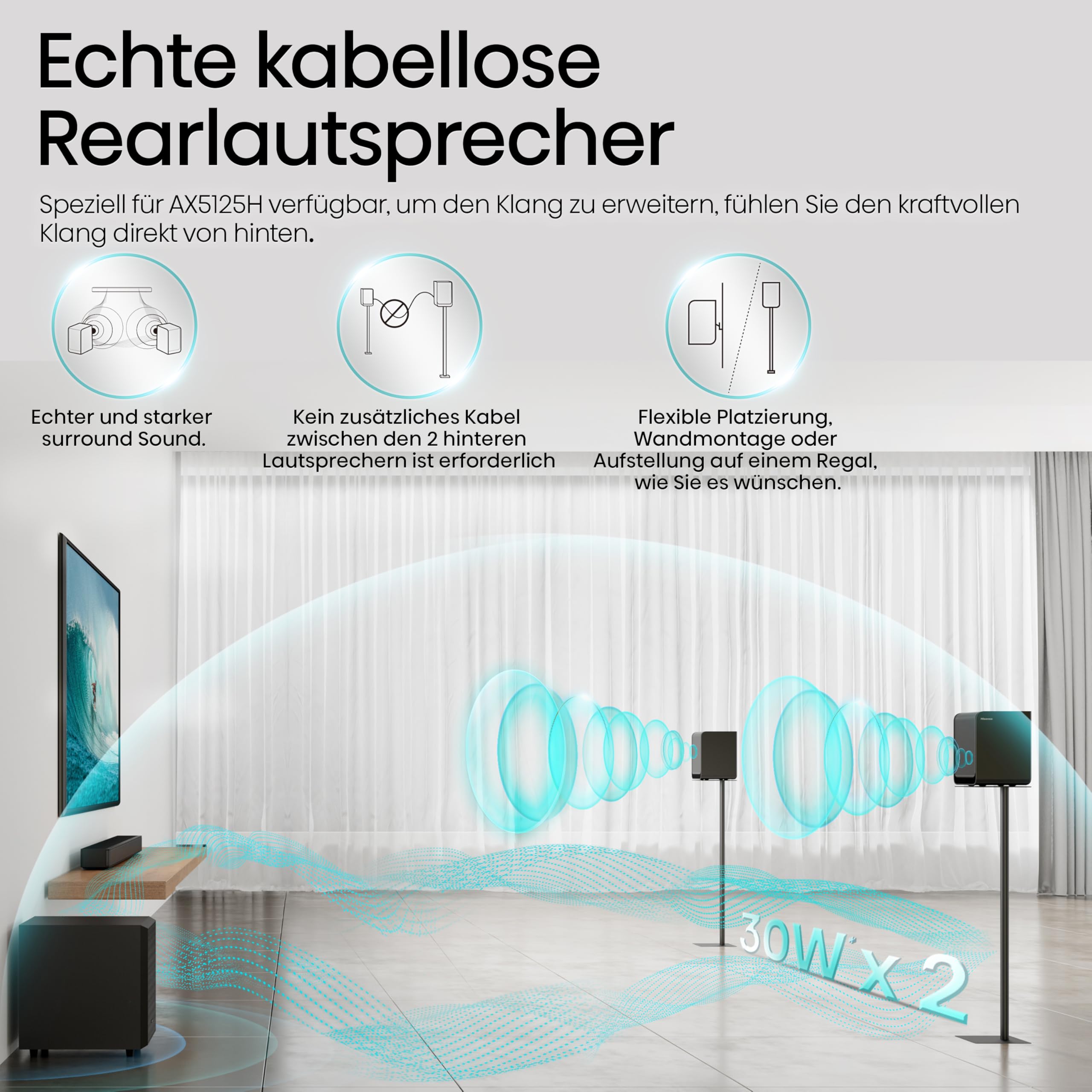 Hisense AX5125H 5.1.2 Soundbar mit kabellosem Subwoofer und Rücklautsprechern, 500W, Dolby Digital Plus, Dolby Atmos, Bluetooth, HDMI eARC/Optical/AUX/USB, Schwarz (2024)