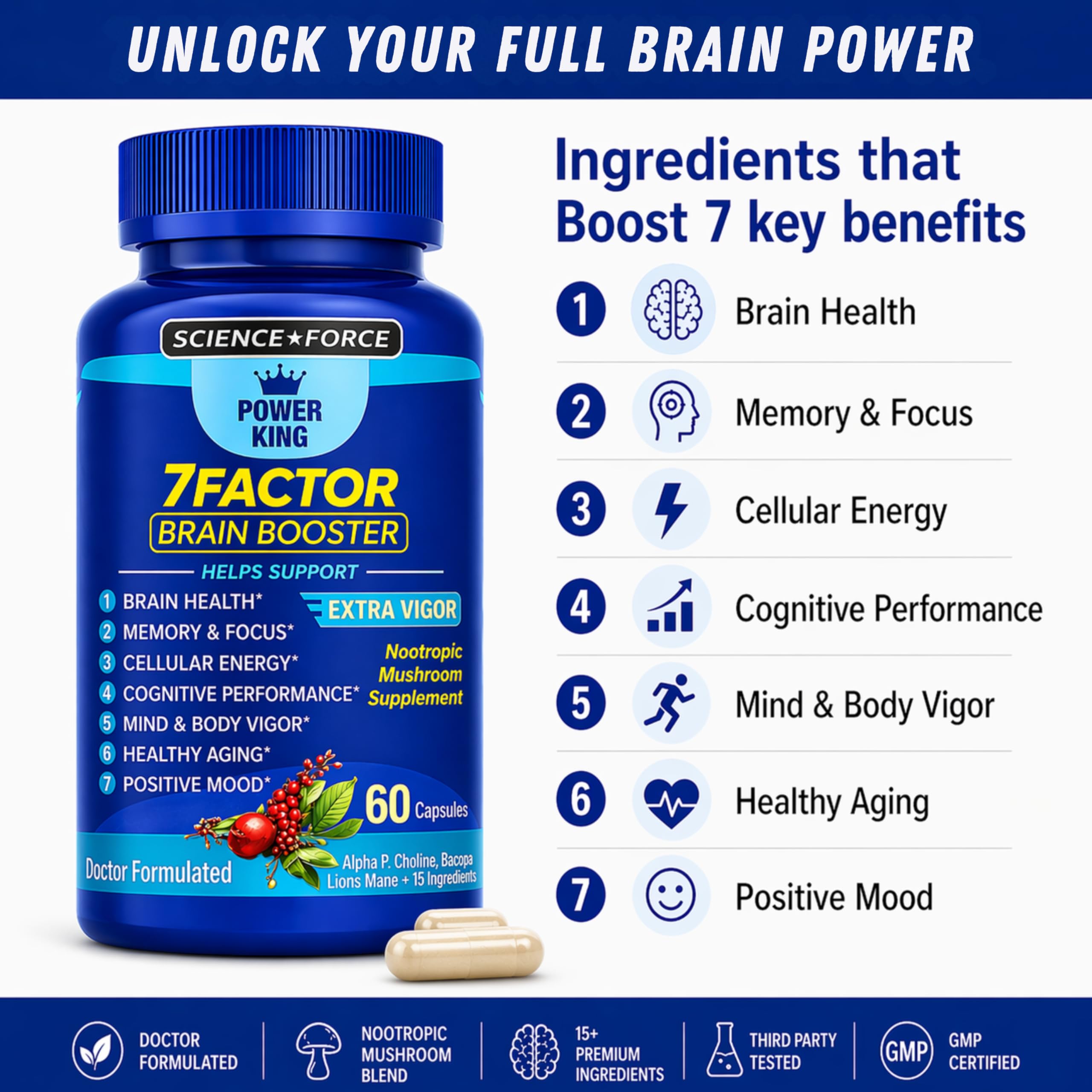 Brain Supplements for Memory & Focus - Nootropic Brain Health - Cognitive Performance, Clarity, Energy, Mental Vigor, Shilajit - Alpha Choline, Lion's Mane, Bacopa, 18 Premium Ingredients — Amazon image 2