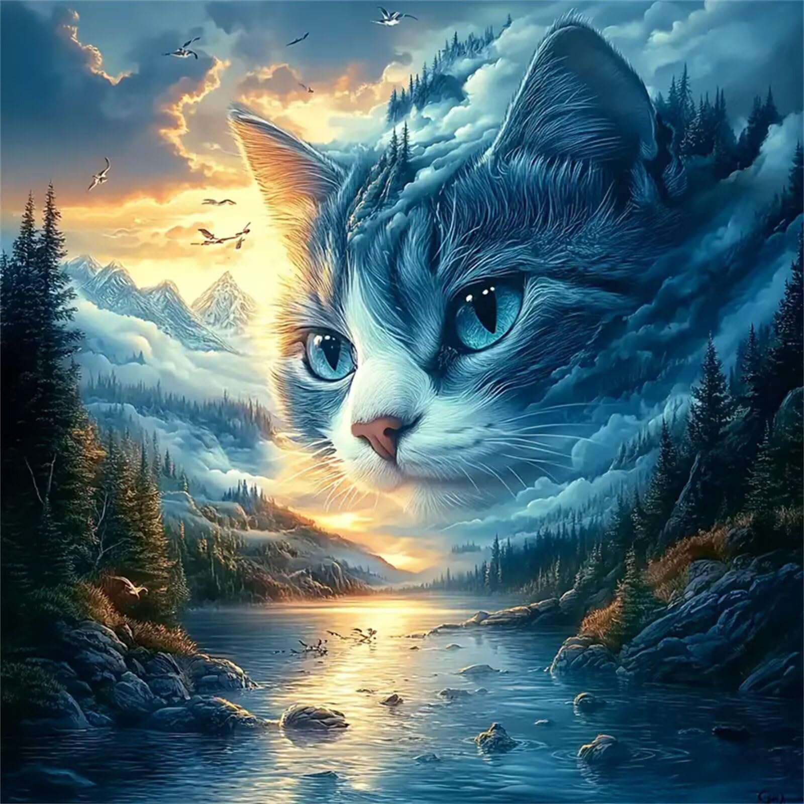 Lituor Fantasy Cat Diamond Painting for Adults,5D Scenery Diamond Painting Kits Round Full Drill DIY Diamond Art Kits for Beginner Crystal Picture Crafts for Home Decor 45x45cm