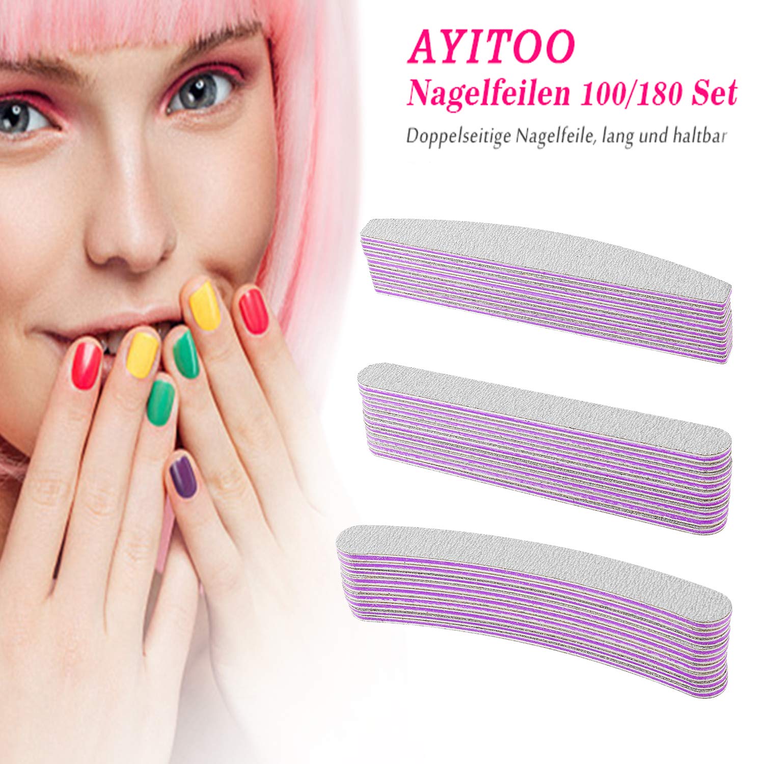 AYITOO 50 Limes à Ongles Professionnelles, Double Face 100/180 Grain, Gel Grain Pour la Manucure, Pour la Maison ou pour Salons de Manucure Professionnels Nail Art, Forme Straight Core Gris Violet