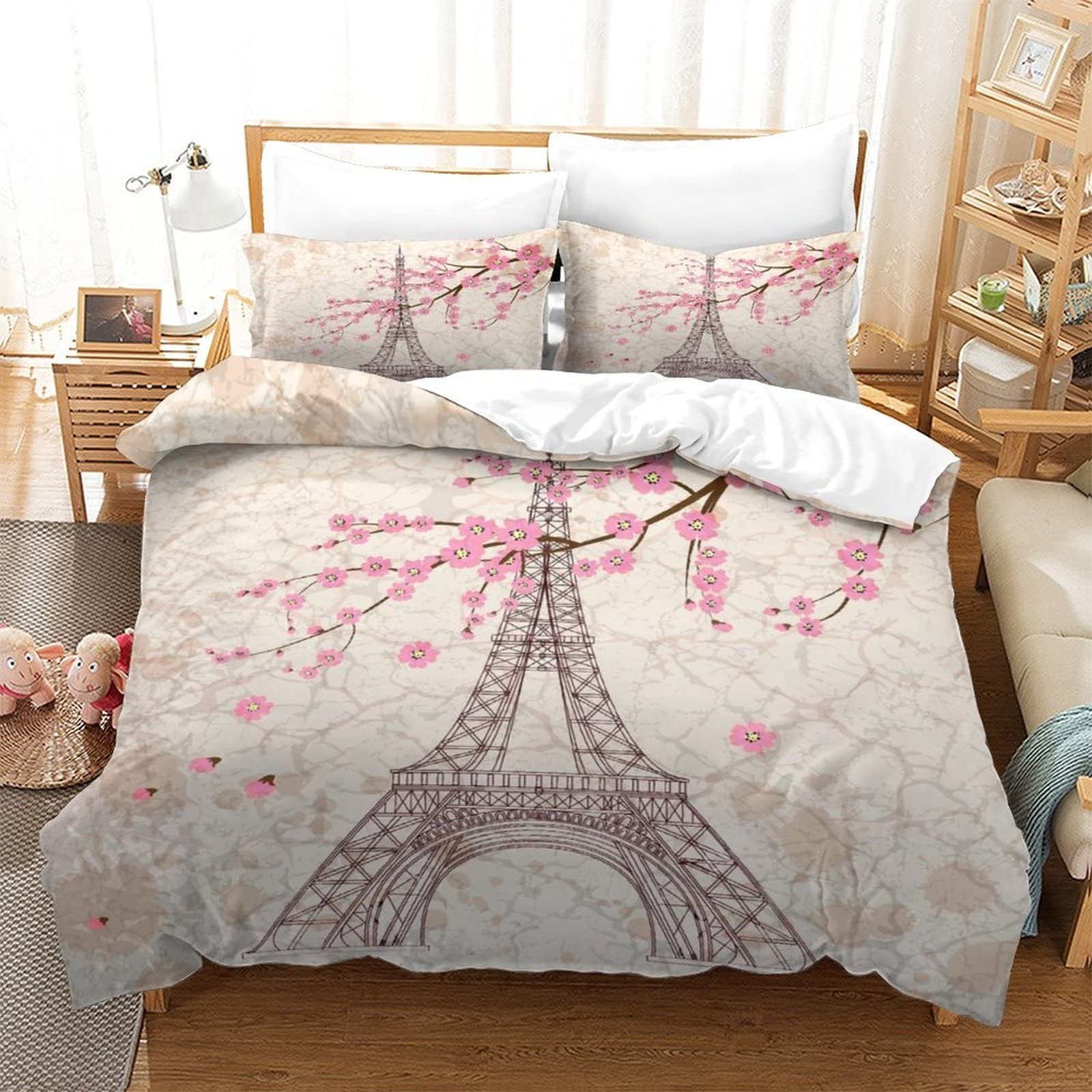 LTAETHC Duvet Cover Full Size, Eiffel Tower Paris European Cityscape Kids Bedding Set All Season Bedroom Decor Quilt Cover for Princess Room Nursery with 2 Pillow Shams (No Comforter)