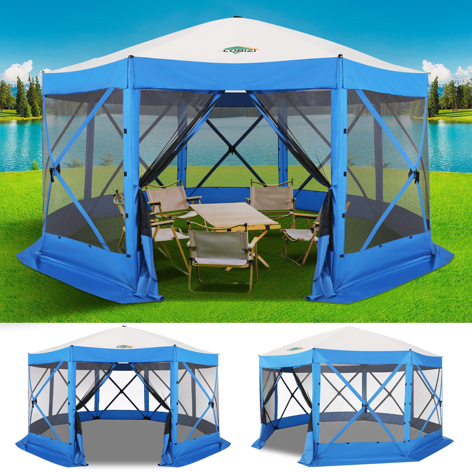 COBIZI 4,5 x 4,6 m extra großes Pop-Up-Pavillon-Überdachungszelt mit Moskitonetz, geräumiger, einfach aufzubauender abgeschirmter Unterstand, robuster Outdoor-Pavillon mit Erdspießen, perfekt für