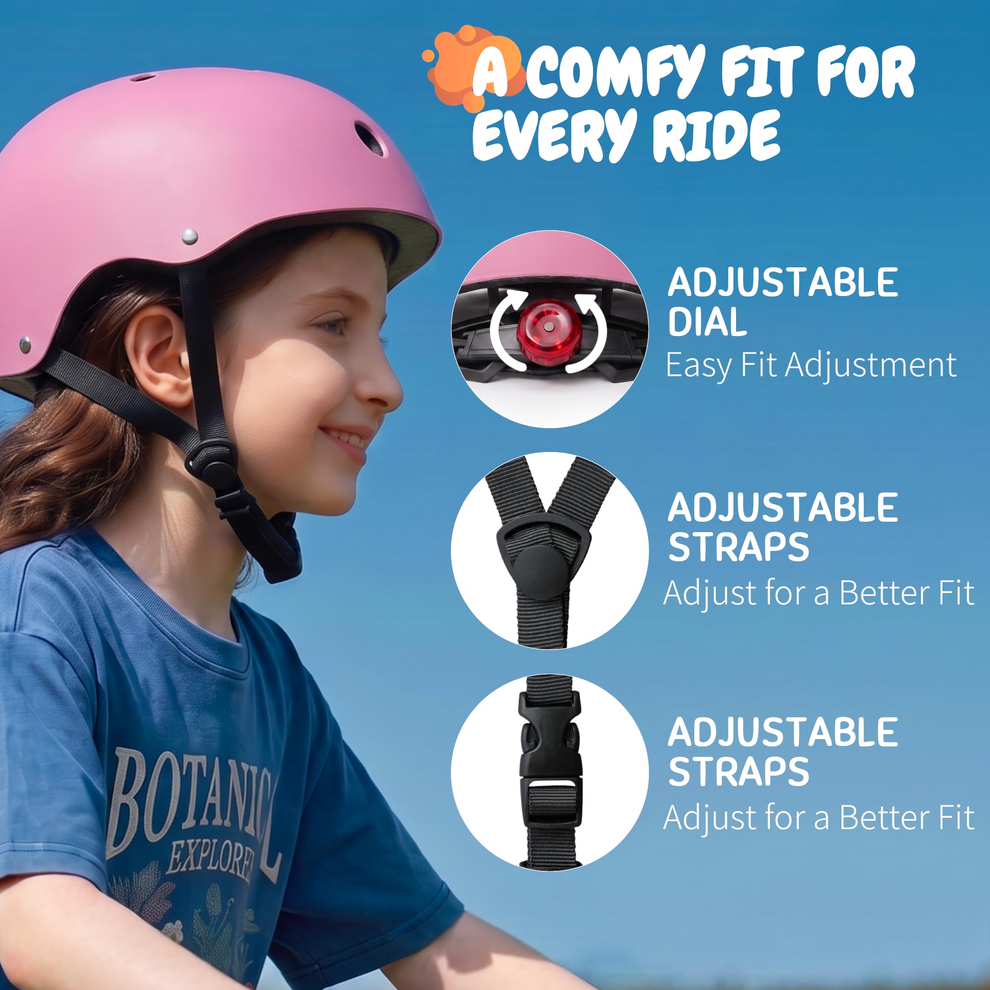 Casco de bicicleta para niños con luz trasera LED, casco ligero y ajustable para niños y niñas de 5 a 8 a 14 años, casco de seguridad multideportivo para monopatín, ciclismo, scooter